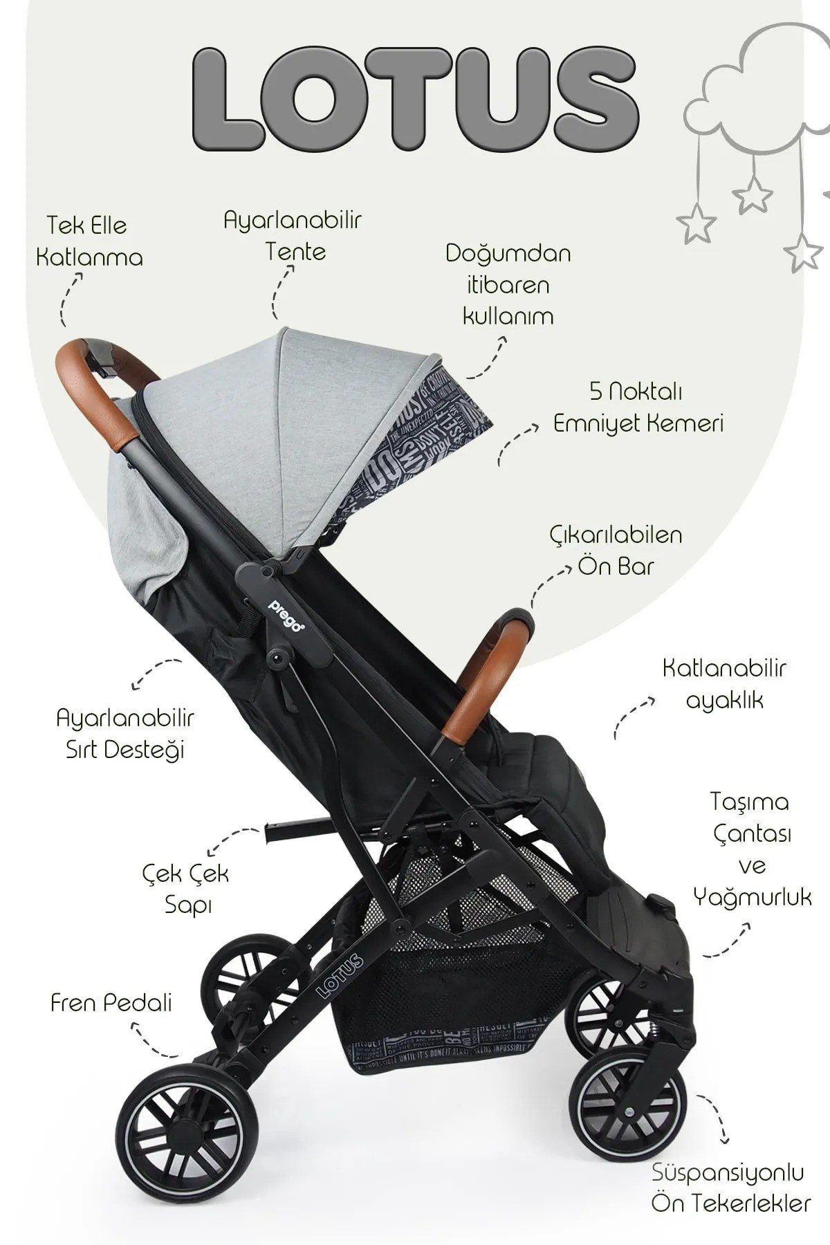 Prego Lotus Katlanabilir Kabin Boy Travel Bebek Arabası Gri 2033