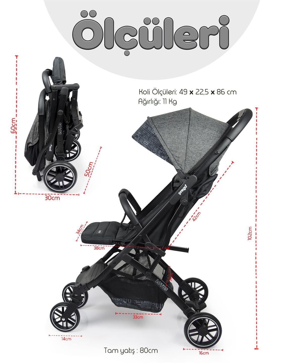 Prego Lotus Katlanabilir Kabin Boy Travel Bebek Arabası Gri 2033