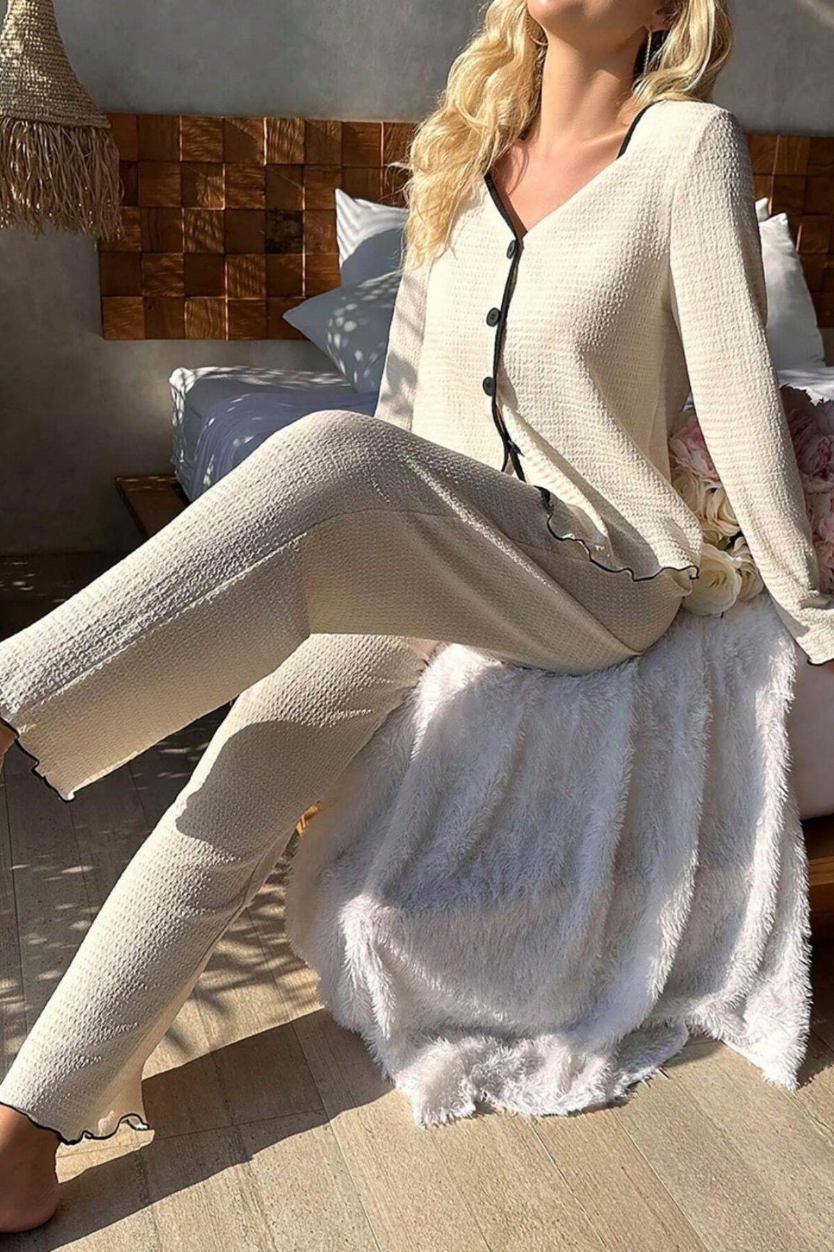 Bella Notte Açık Bej Konforlu Ev Giyim Pijama Takımı 7050