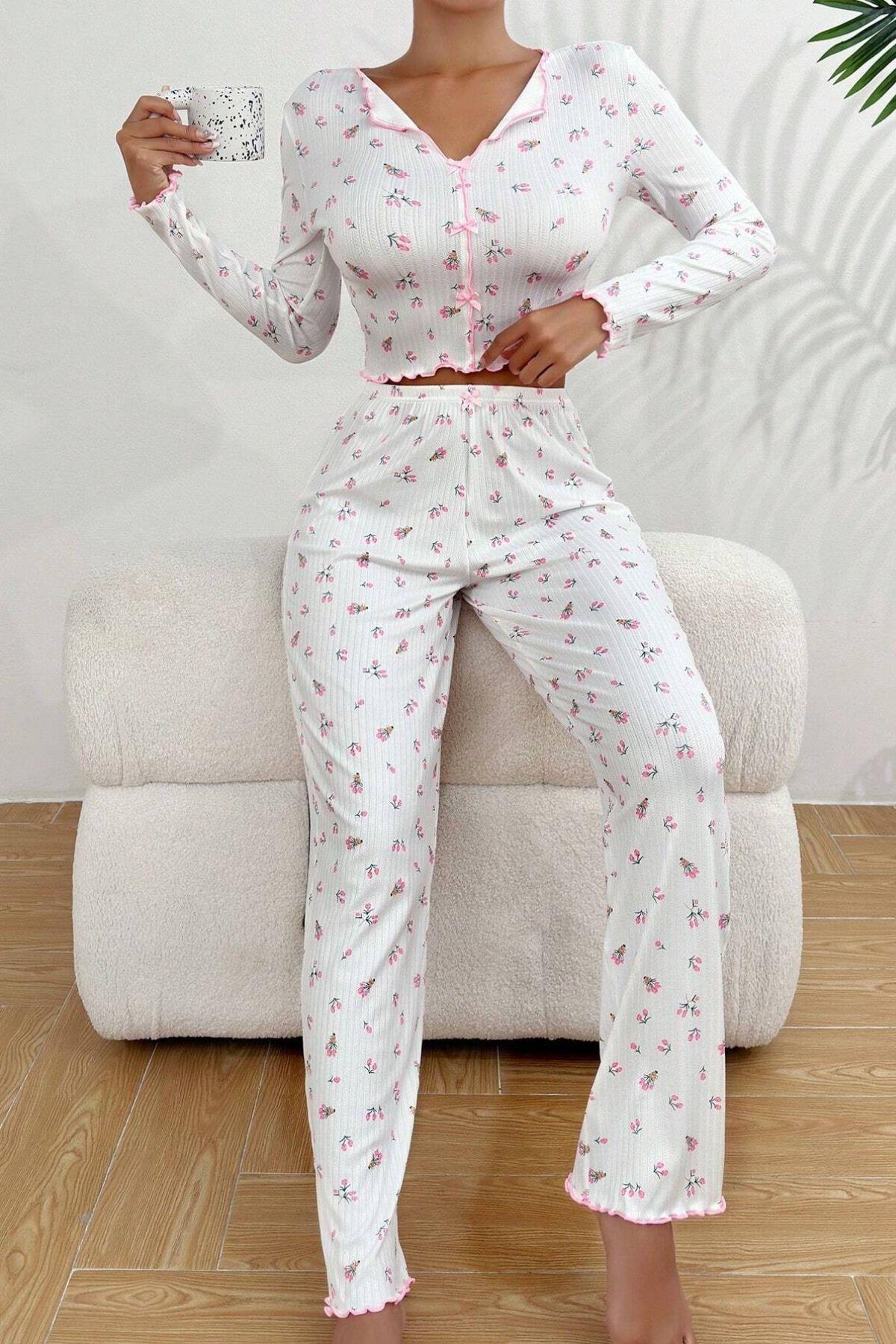 Bella Notte Beyaz Fiyonk Detaylı Crop Pijama Takımı 7077