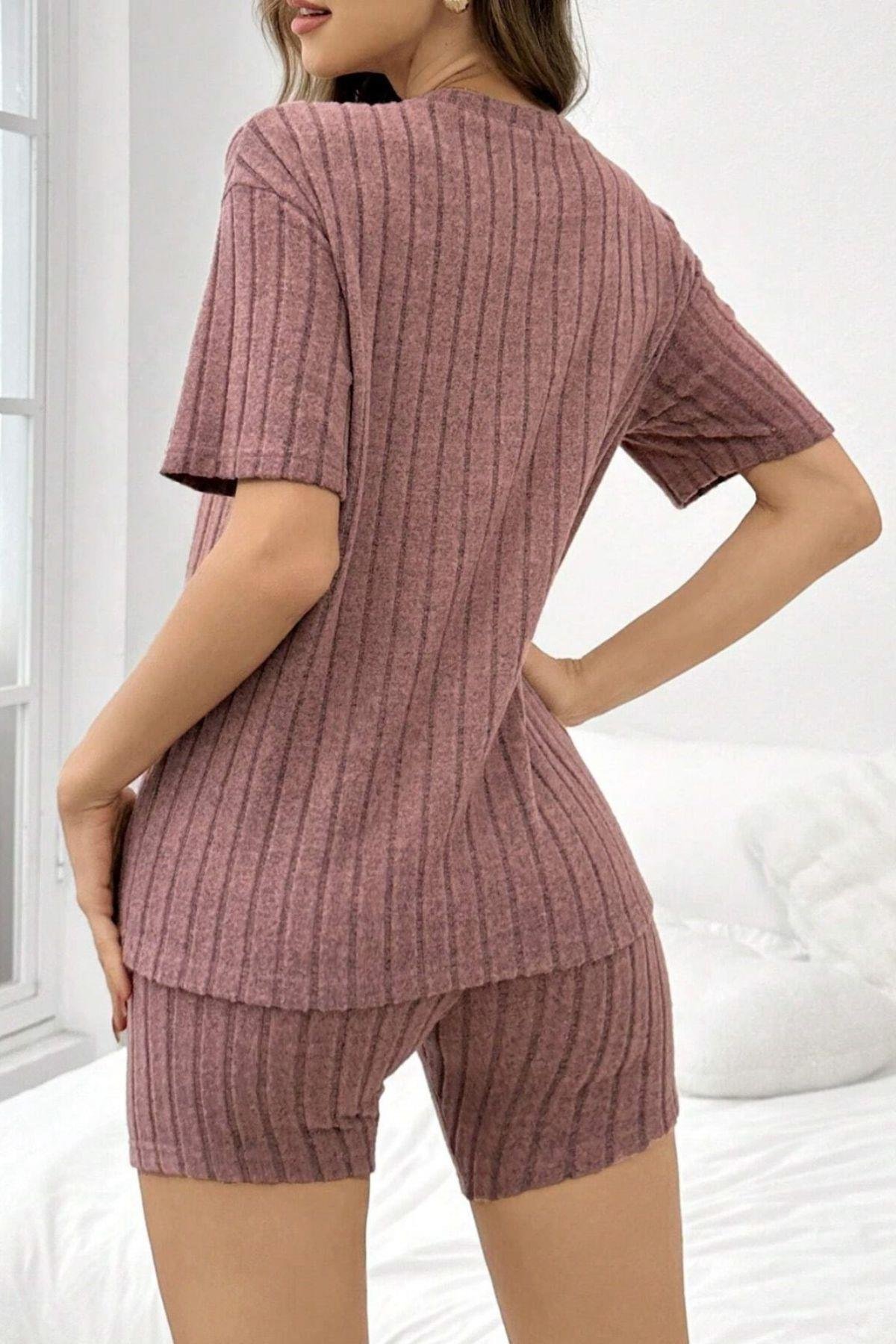 Bella Notte Gül Kurusu Pamuklu Kısa Kollu Şort Takım 7593