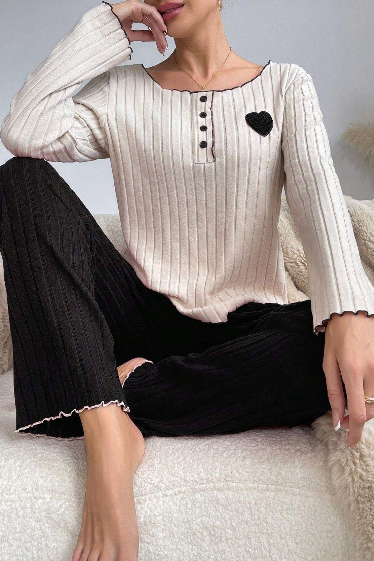 Bella Notte Siyah Pamuklu Kalp Detaylı Pijama Takımı 7157