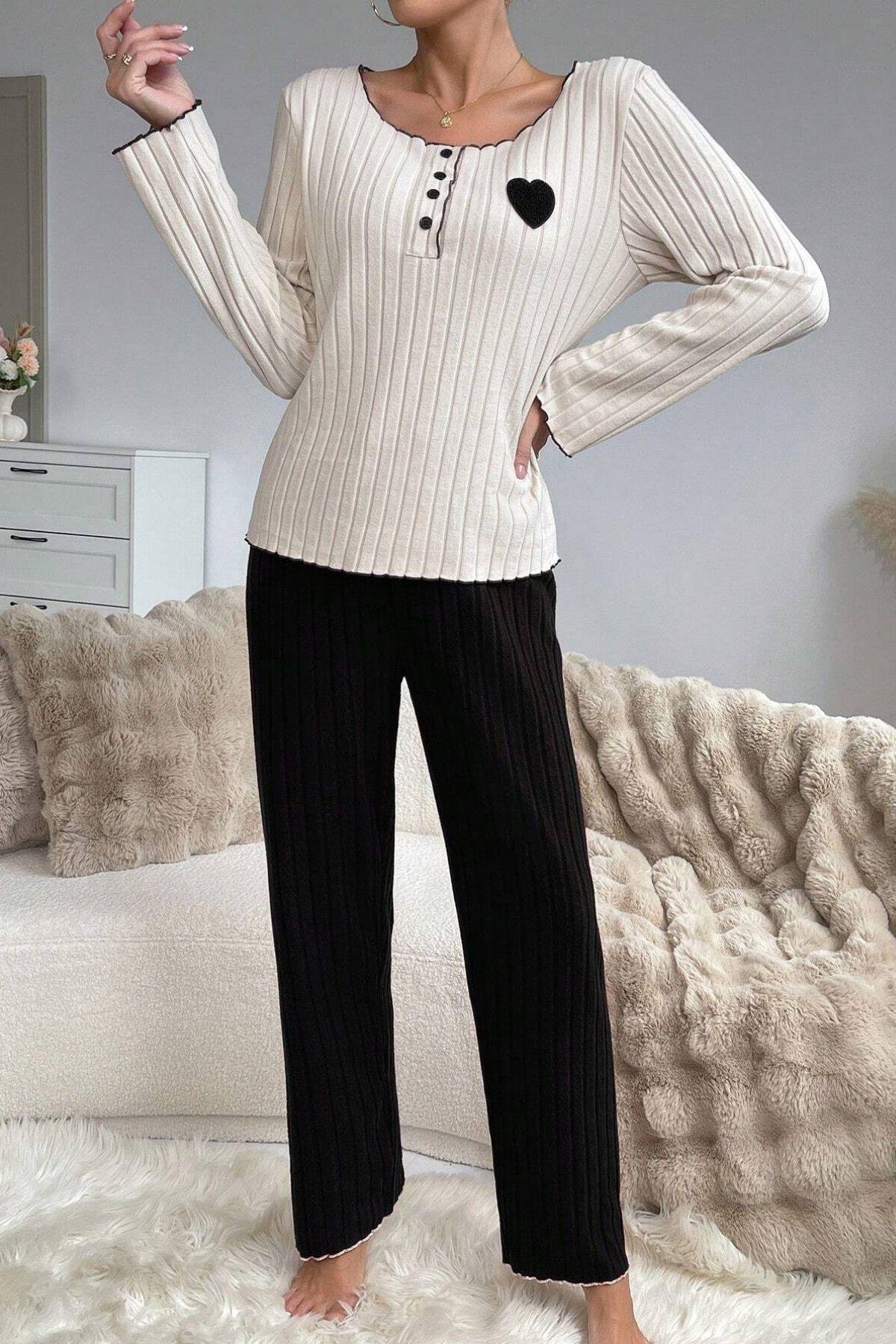 Bella Notte Siyah Pamuklu Kalp Detaylı Pijama Takımı 7157