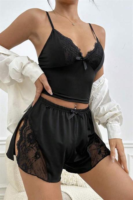 Bella Notte Siyah Yırtmaçlı Şort Takım PR7515