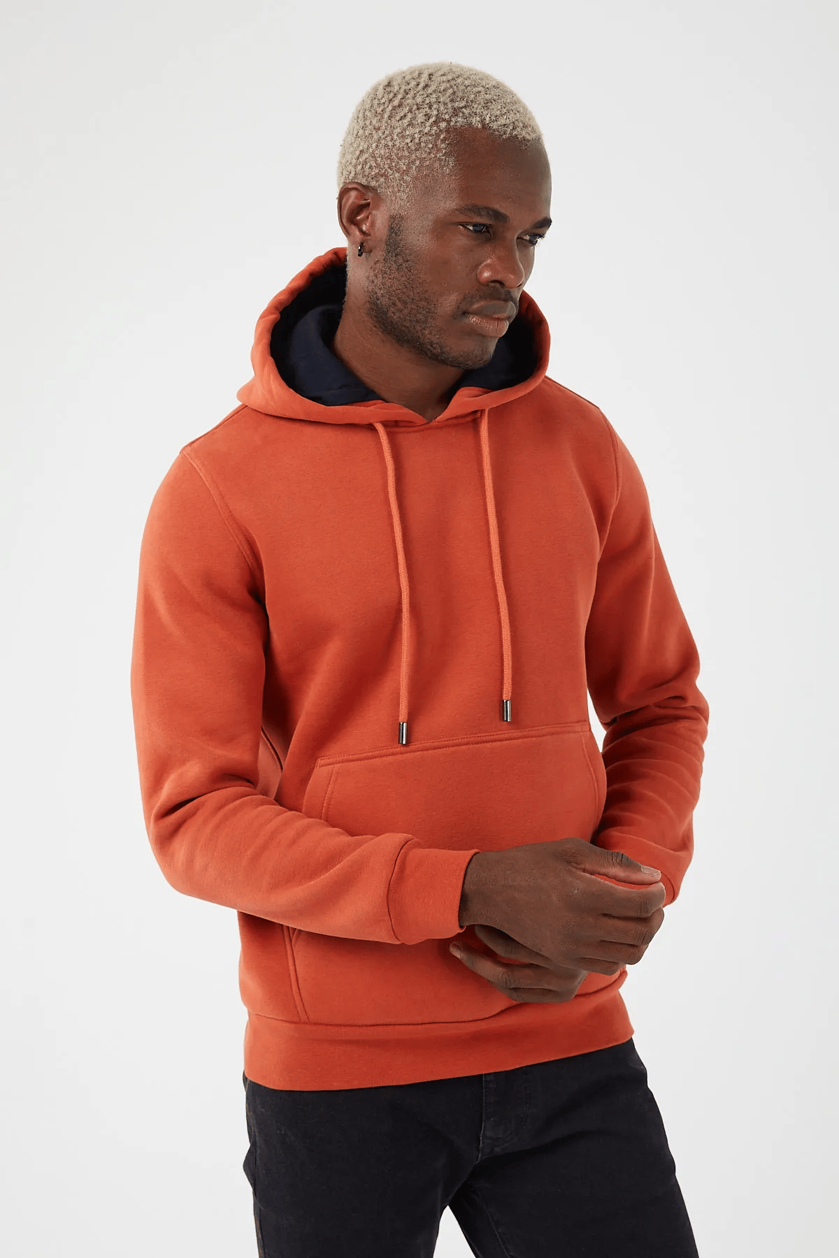 İçi Polarlı Regular Fit Standard Kesim Kanguru Cepli Basic Kapüşonlu Sweatshirt Kiremit