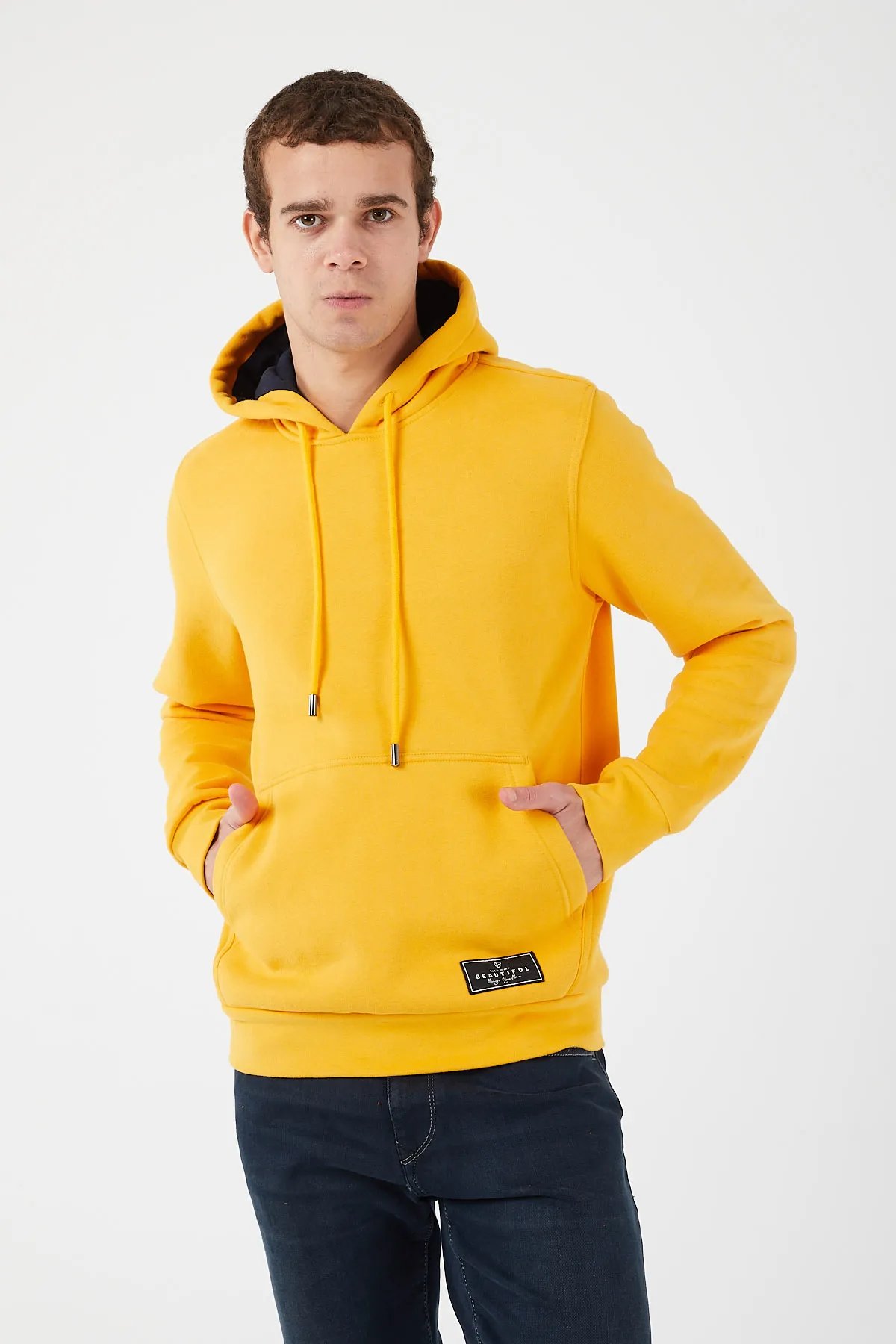 Içi Polarlı Regular Fit Standard Kesim Kanguru Cepli Basic Kapüşonlu Sweatshirt Hardal