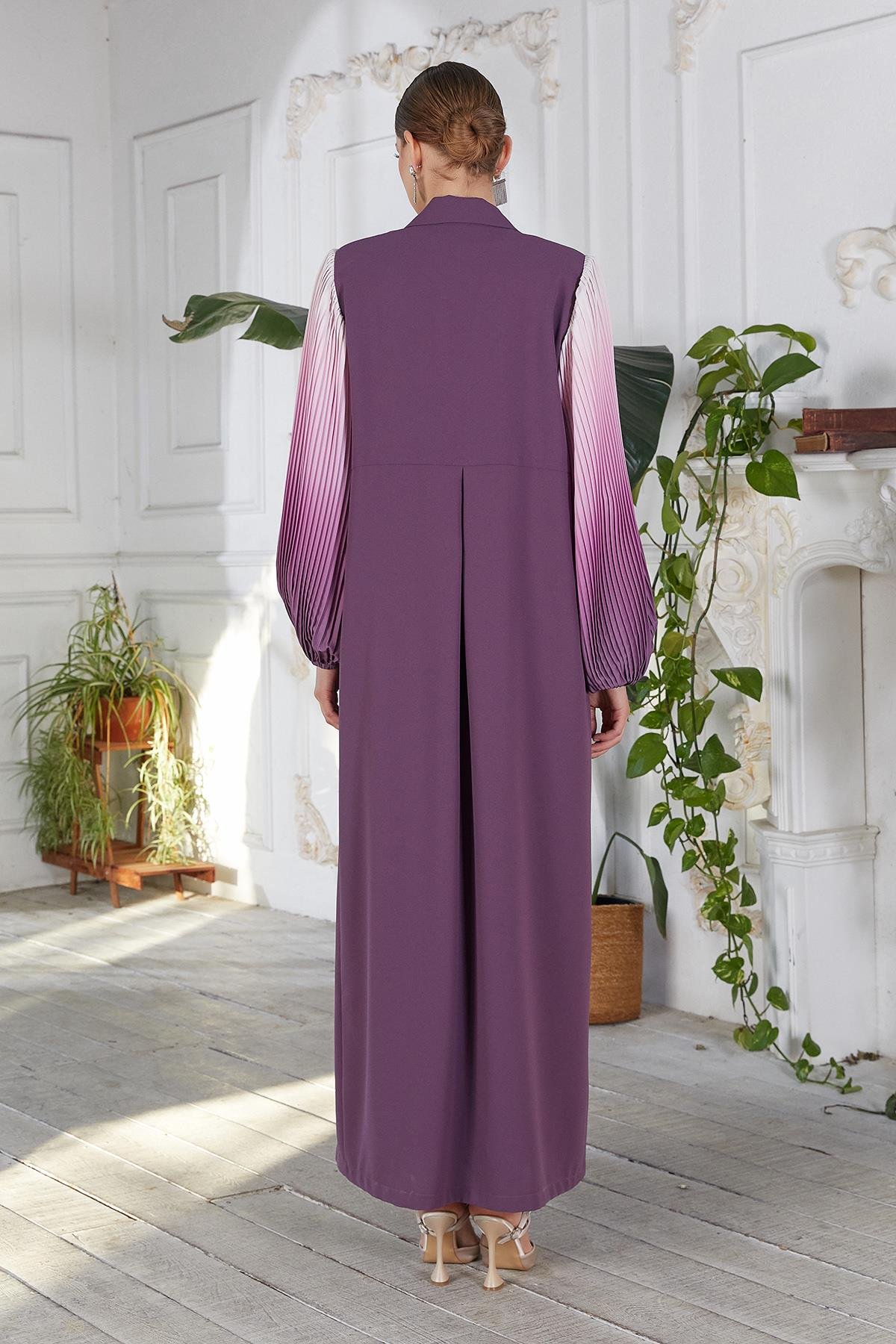 Kolları Dijital Baskılı Abaya Mürdüm