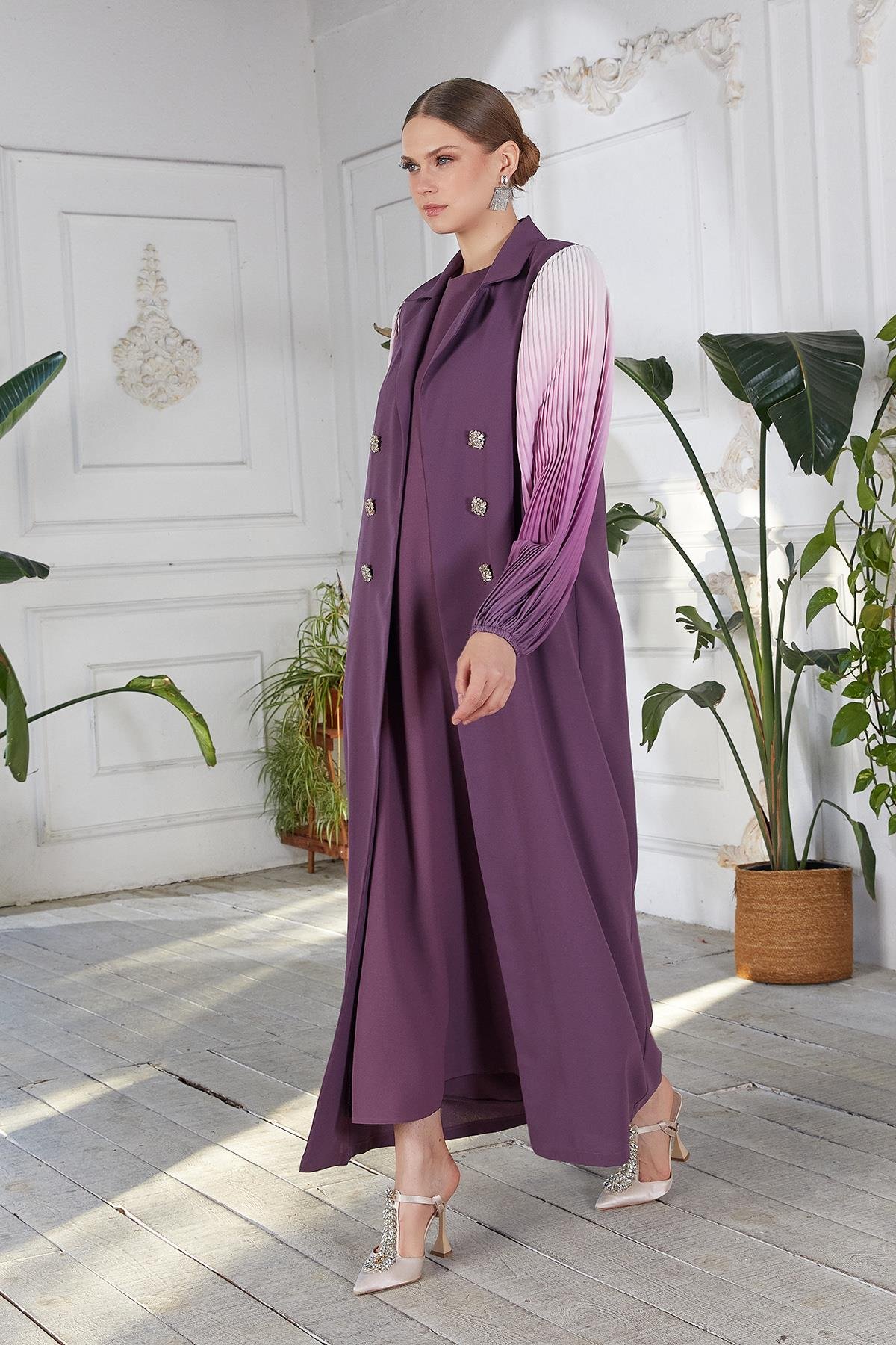 Kolları Dijital Baskılı Abaya Mürdüm