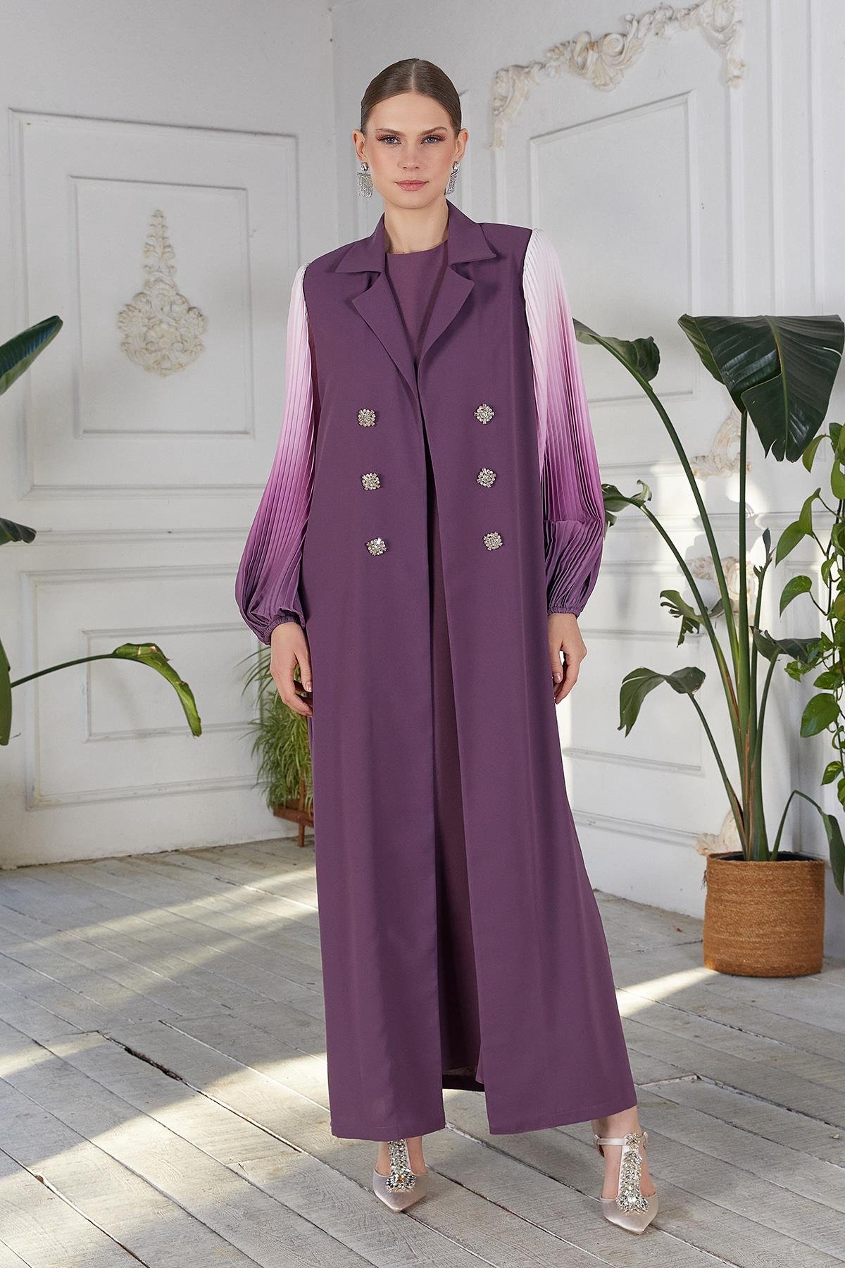 Kolları Dijital Baskılı Abaya Mürdüm