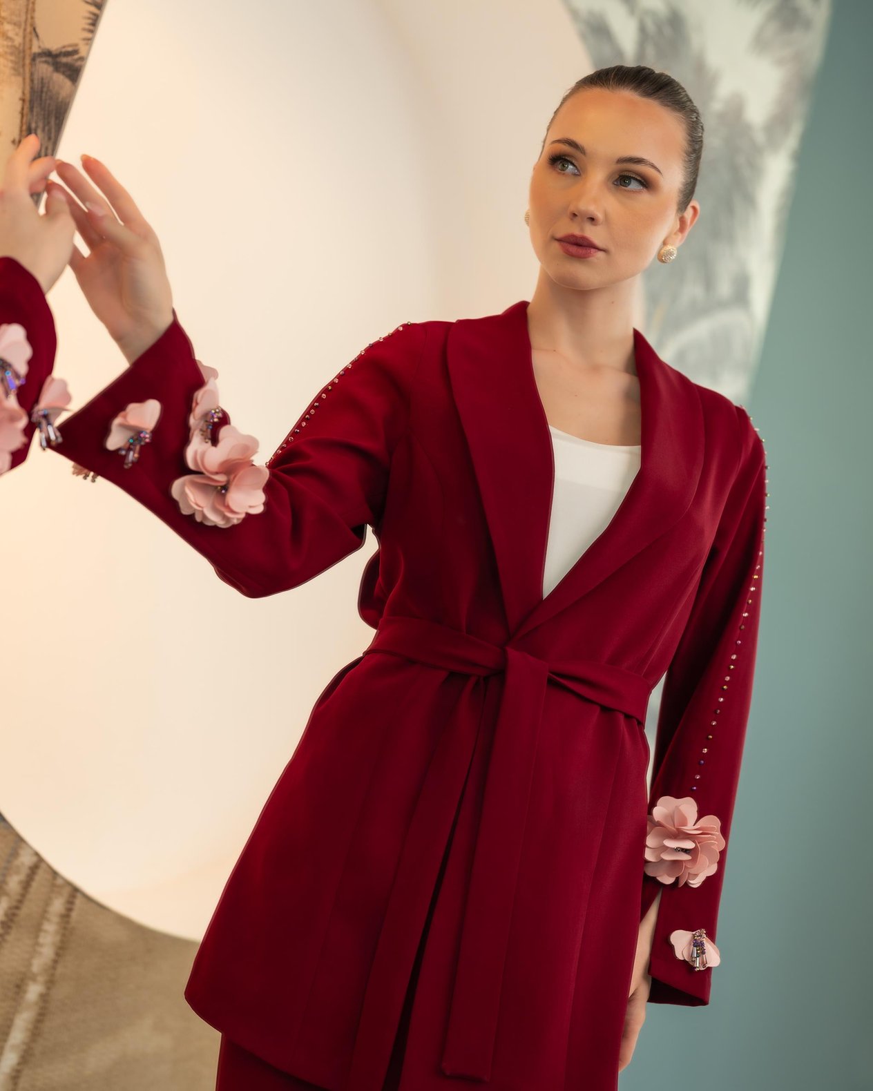 Kolları Güllü Ceket Pantolon İkili Takım Bordo