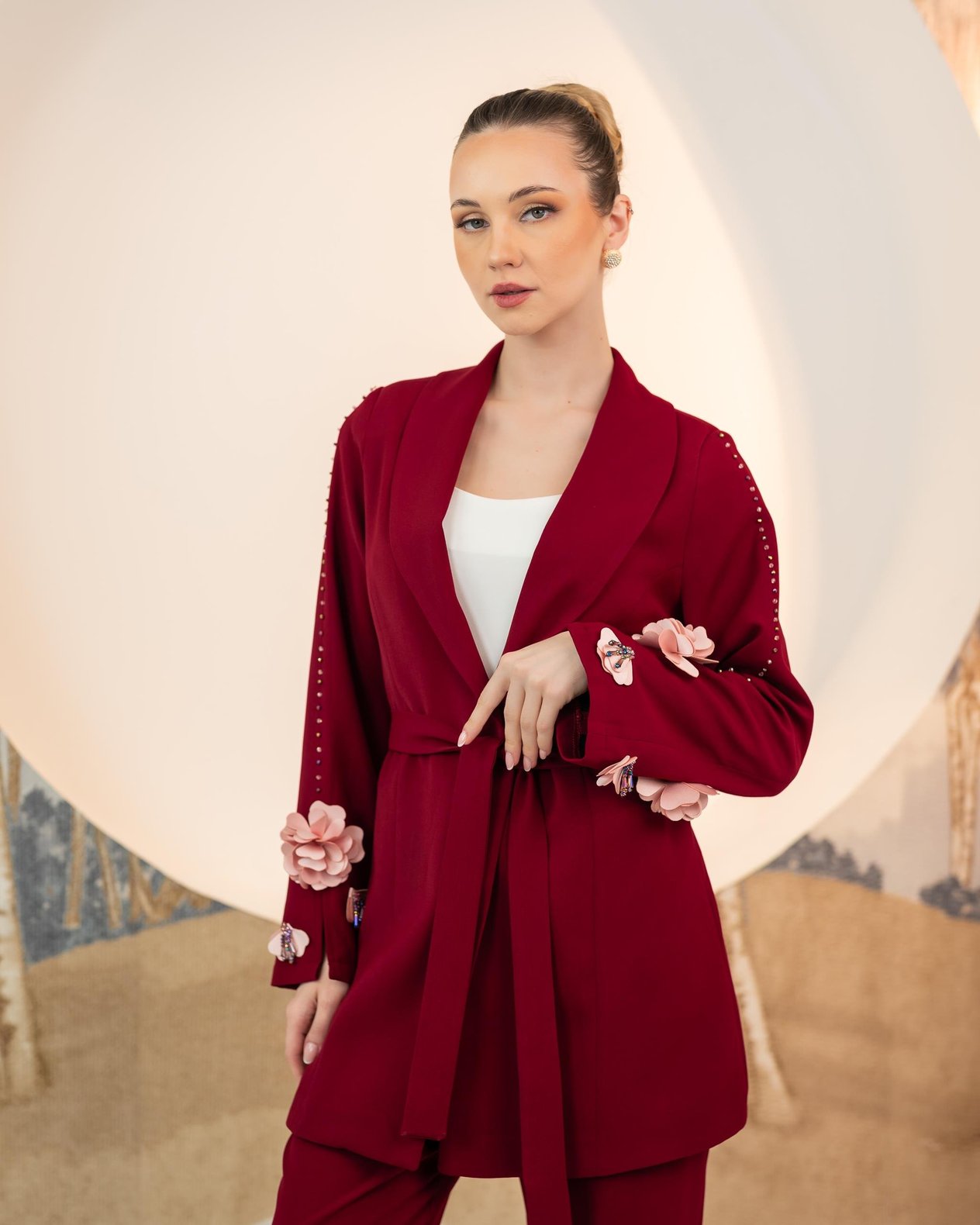 Kolları Güllü Ceket Pantolon İkili Takım Bordo