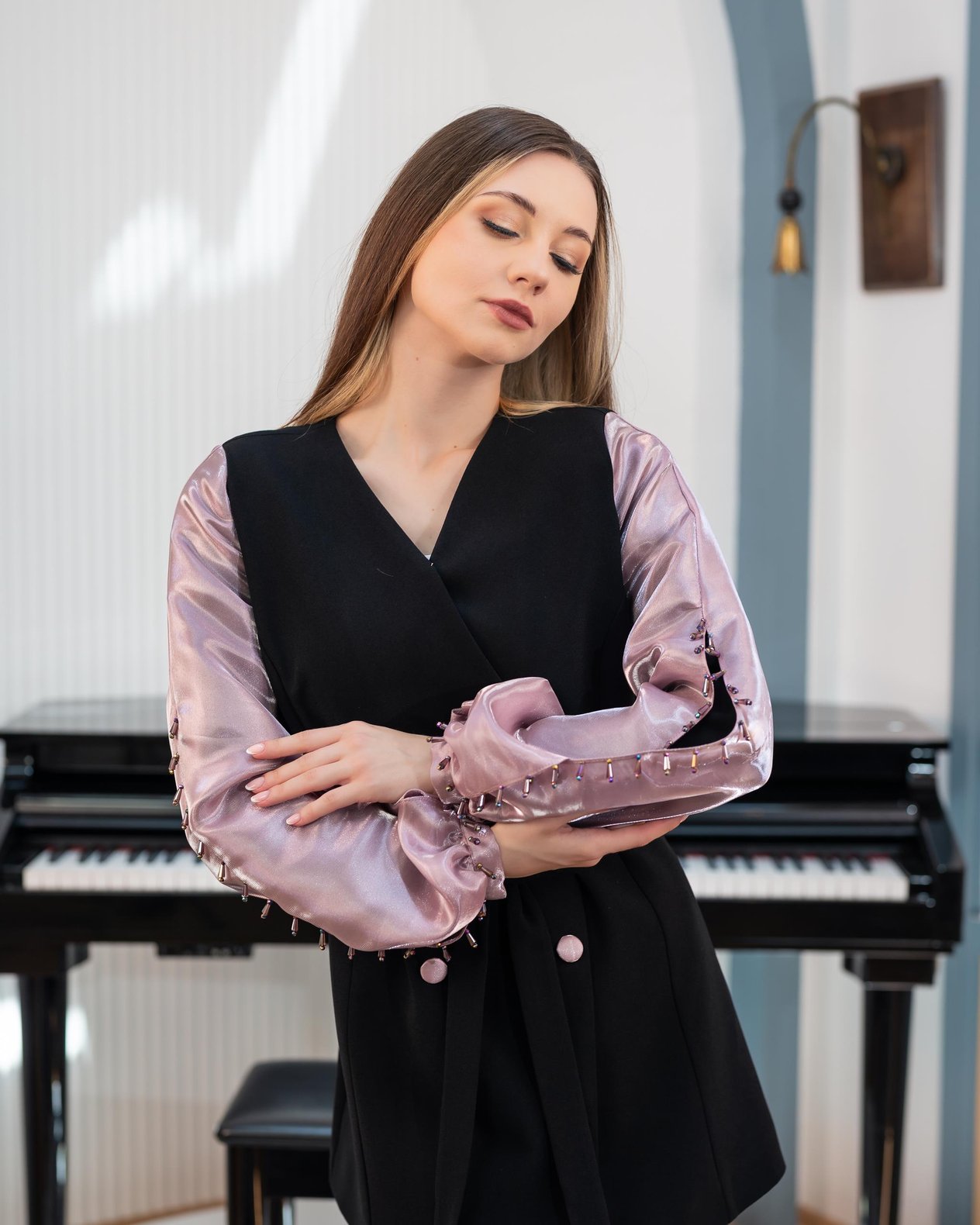 Organze Kollu Ceket Pantolon İkili Takım Vizon