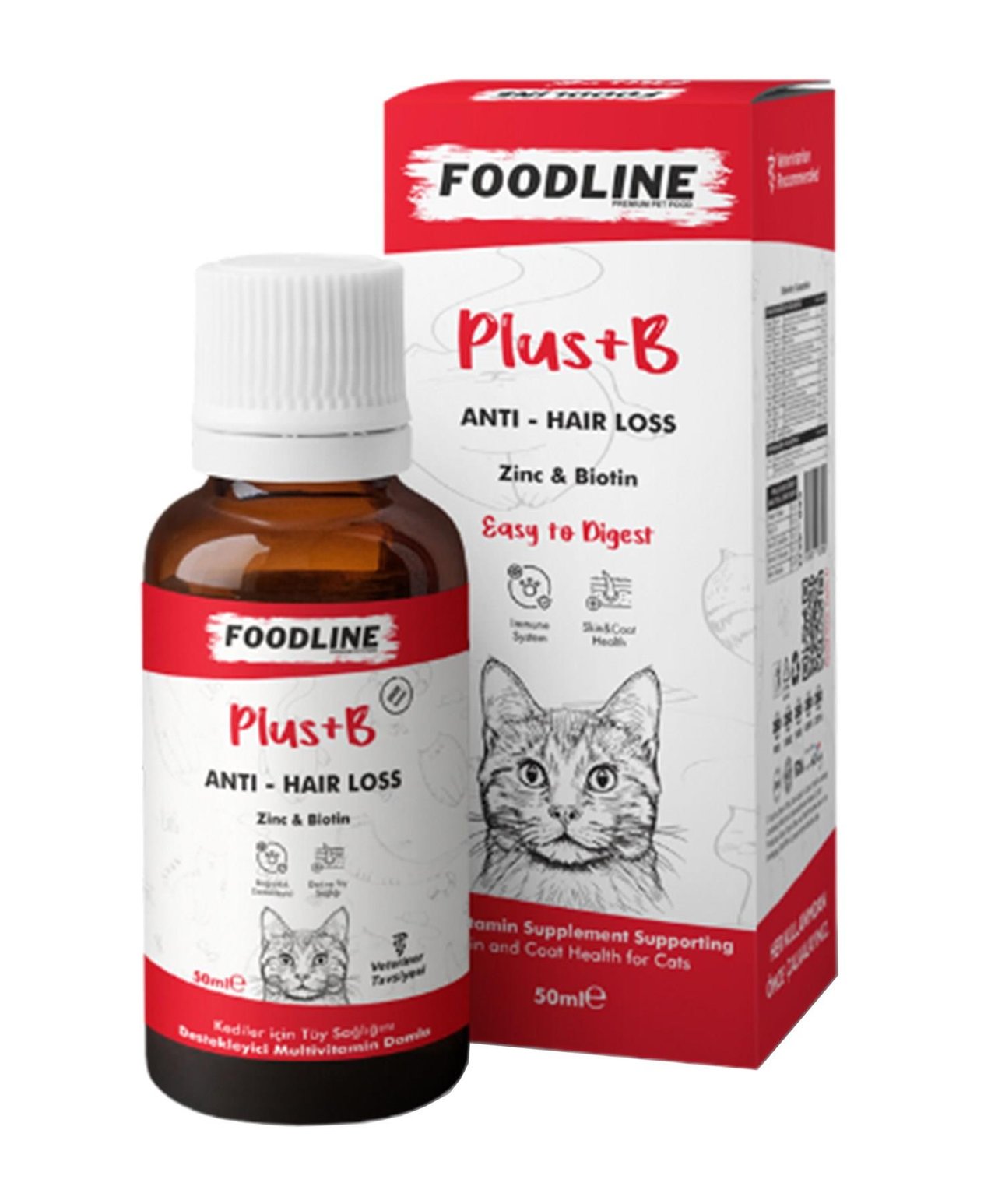 Foodline Kediler için Plus +B Damla 50ml | Tüy Sağlığını Destekleyici Biotinli Multivitamin