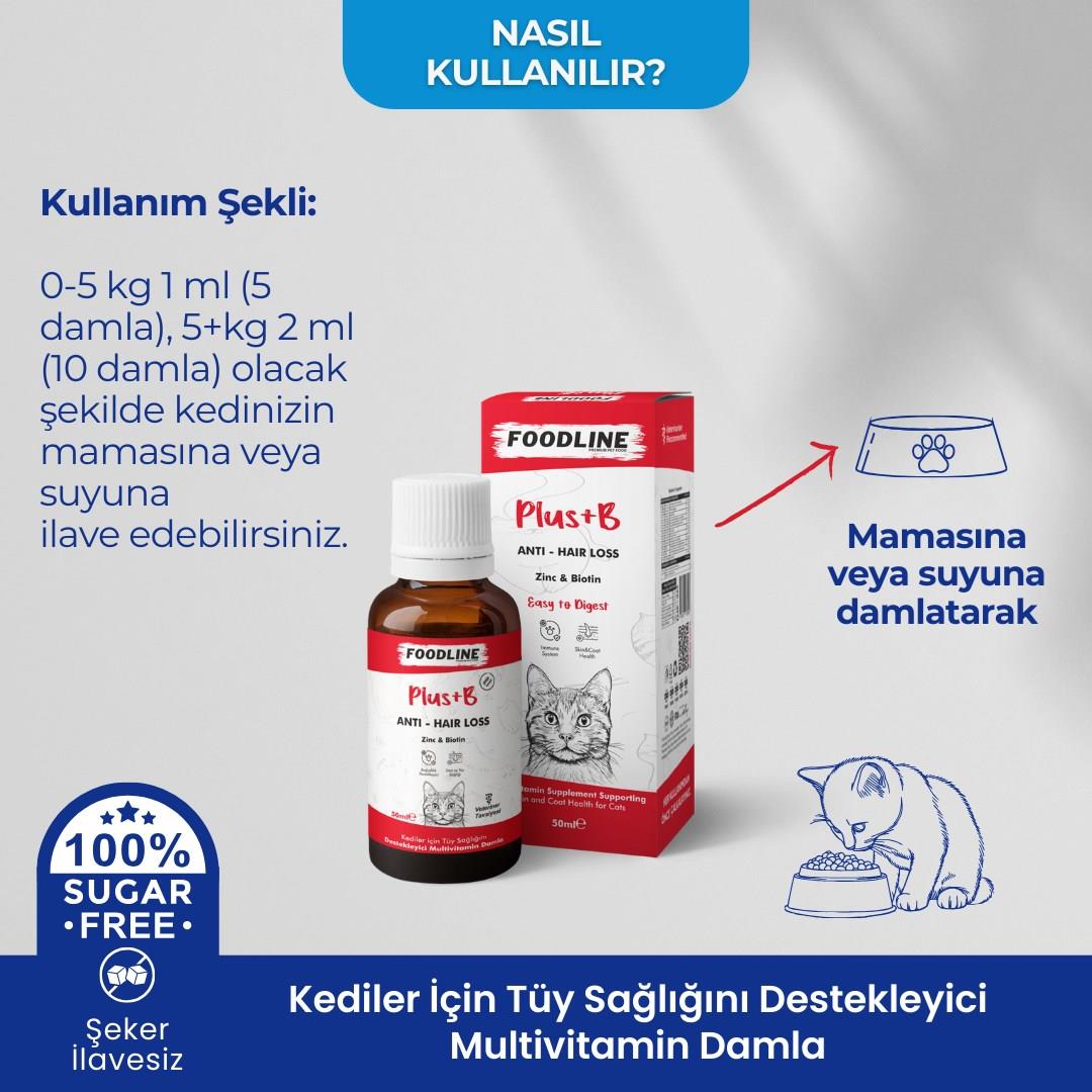 Foodline Kediler için Plus +B Damla 50ml | Tüy Sağlığını Destekleyici Biotinli Multivitamin