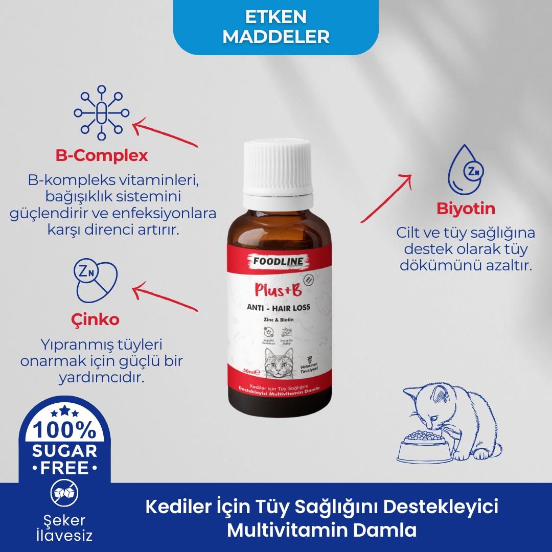 Foodline Kediler için Plus +B Damla 50ml | Tüy Sağlığını Destekleyici Biotinli Multivitamin