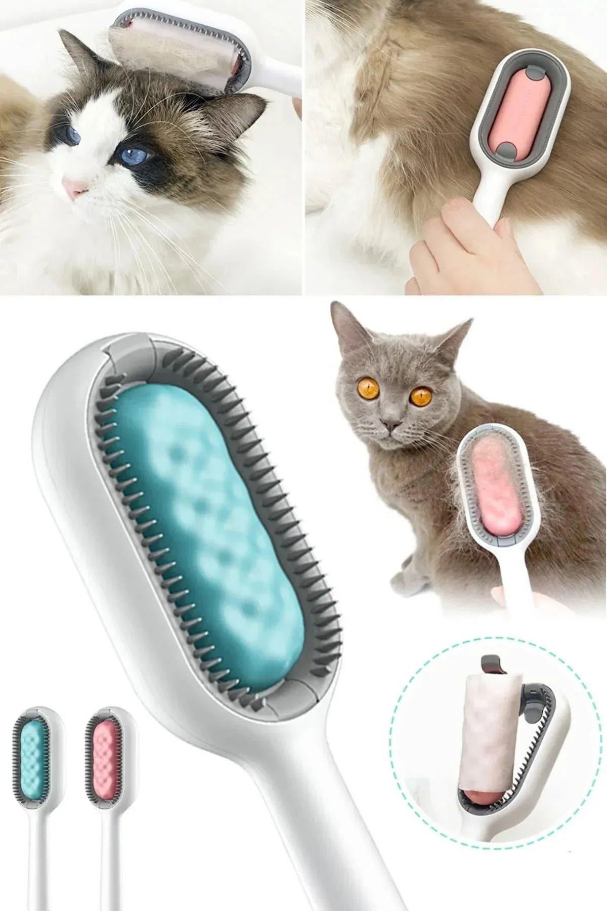 Pribor Kedi Köpek Masajlı Silikon Tüy Temizleme Toplama Fırçası, Islak Mendil Aparatlı