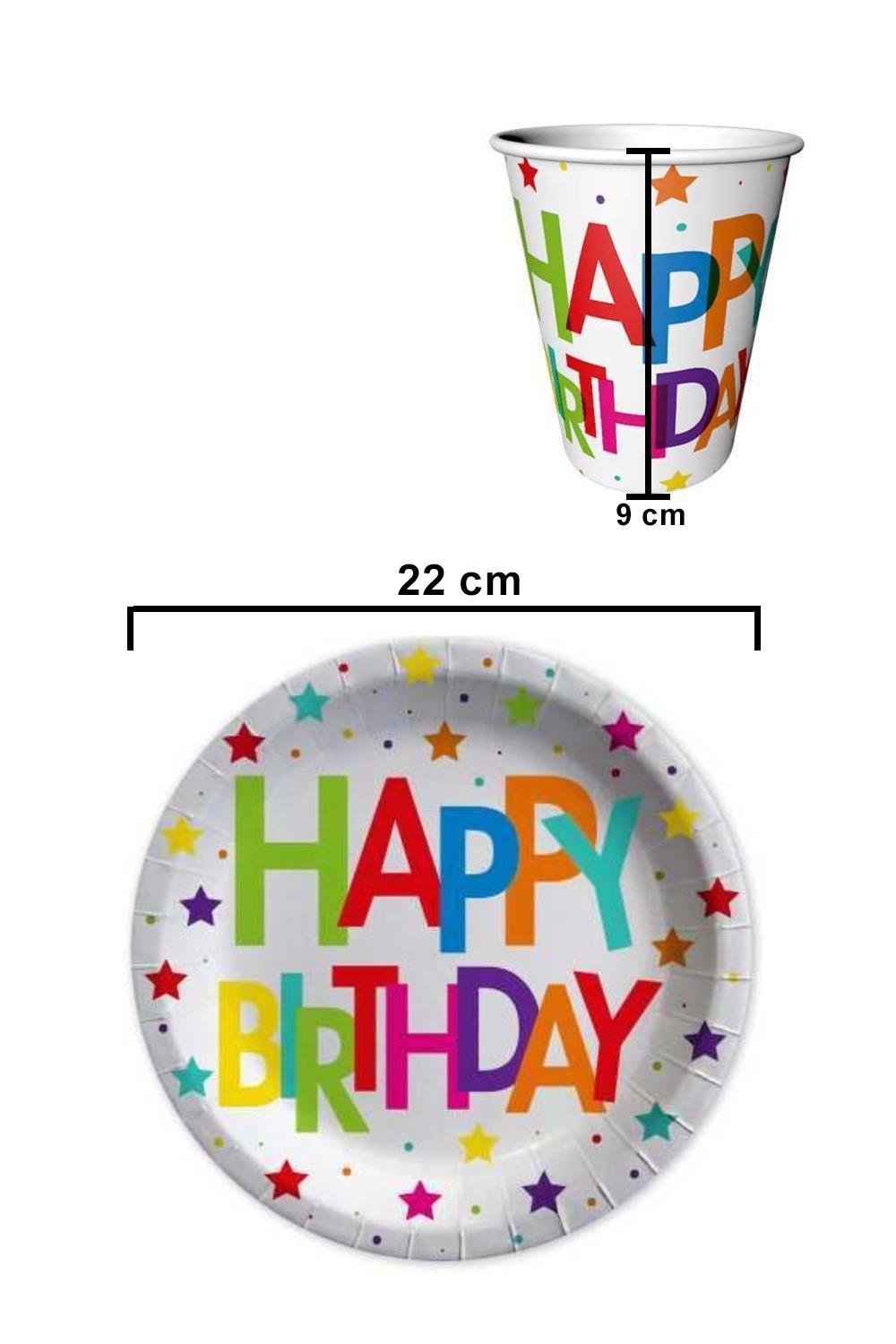 Çok Renkli Happy Birthday 8'li Karton Bardak Tabak Set