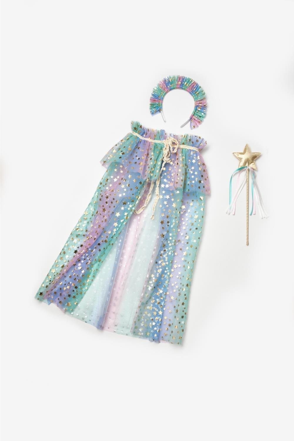 Multicolored Star Printed Girl's Cloak, Scepter and Crown Set
