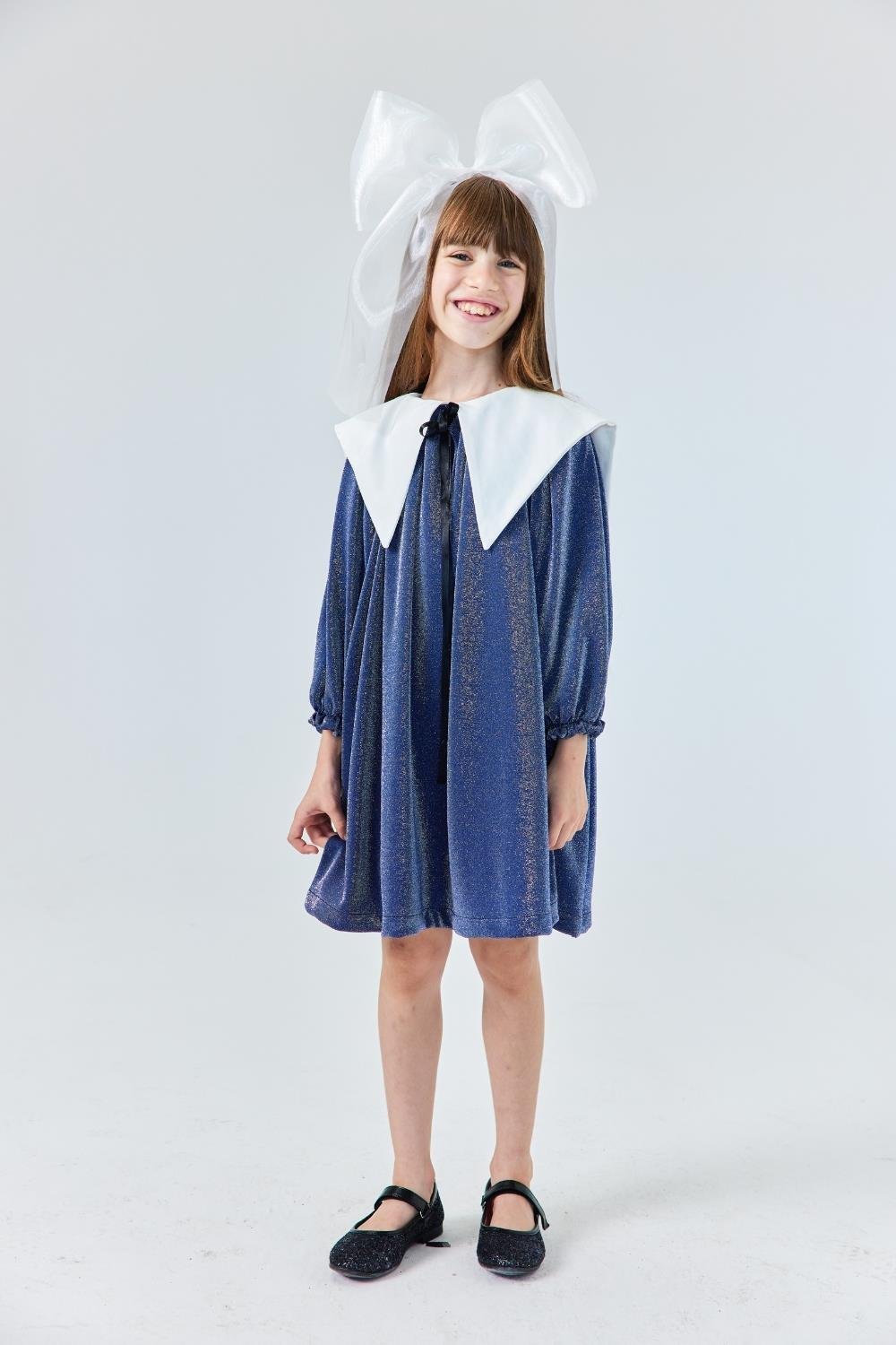 Navy Blue Long Sleeve Collar Detailed Glitter Girls Dress - Maya