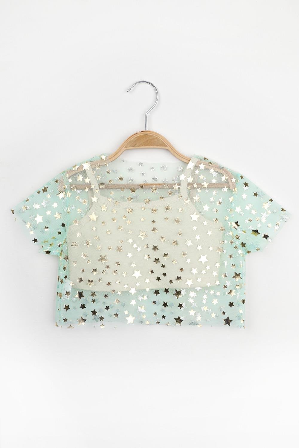 Mint Star Printed Girl's Tulle Crop