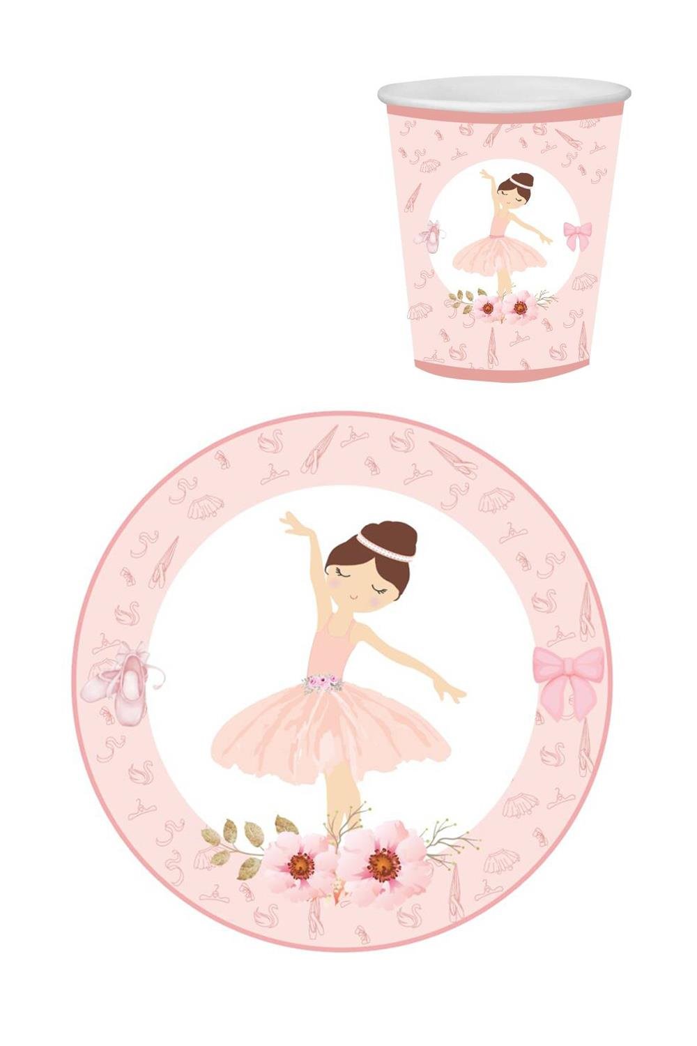 Pembe Balerin Temalı 8li Bardak Tabak Set