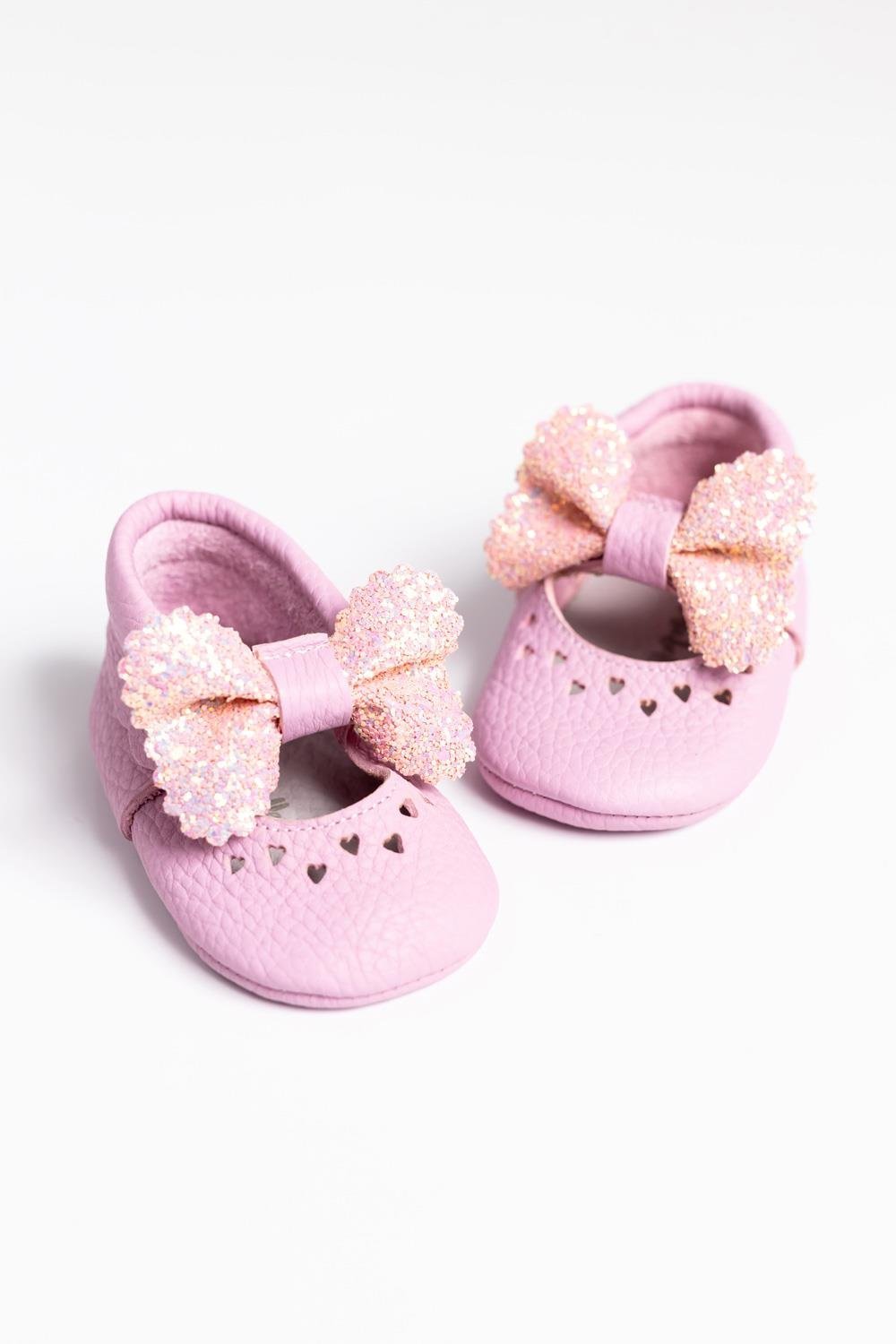 Pembe  Pullu Fiyonklu Deri Kız Bebek Makosen
