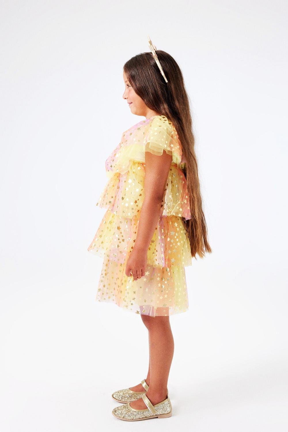 Yellow Tones Star Printed Tiered Tulle Girls' Dress - Estela
