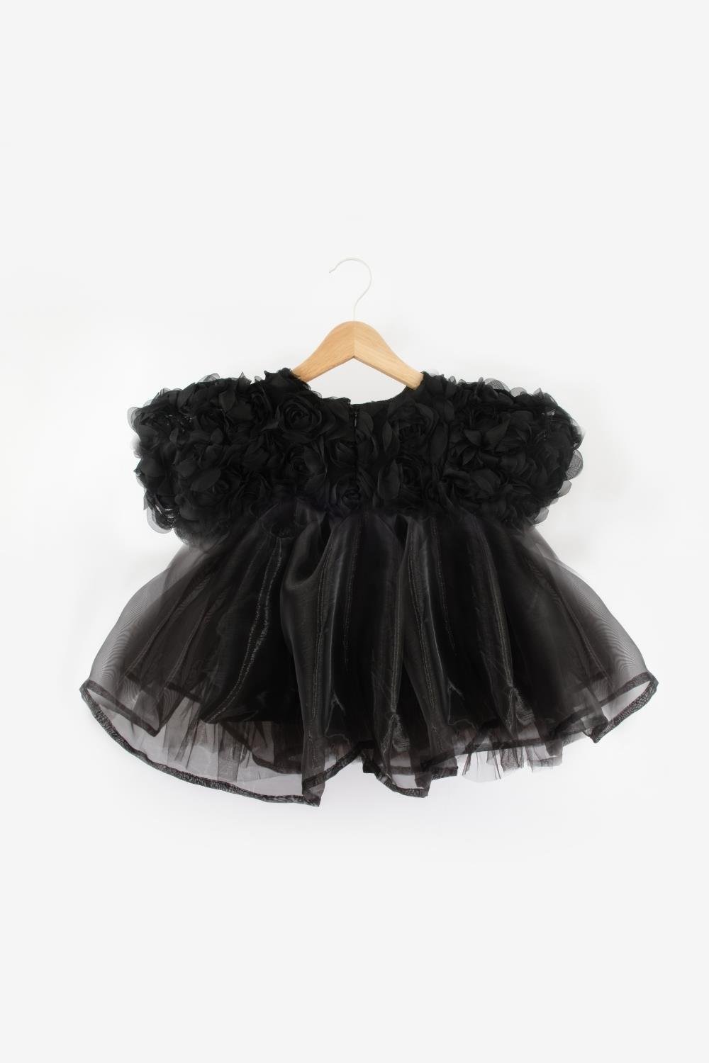 Black Rose Detailed Tulle Skirt Girls' Dress - Nelia