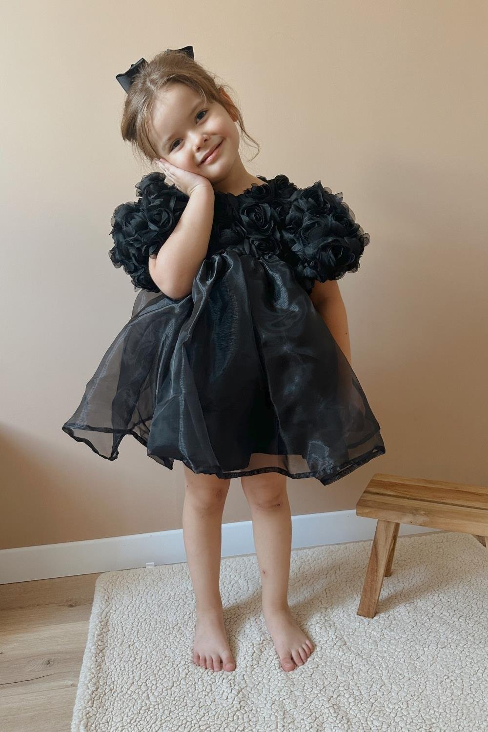 Black Rose Detailed Tulle Skirt Girls' Dress - Nelia