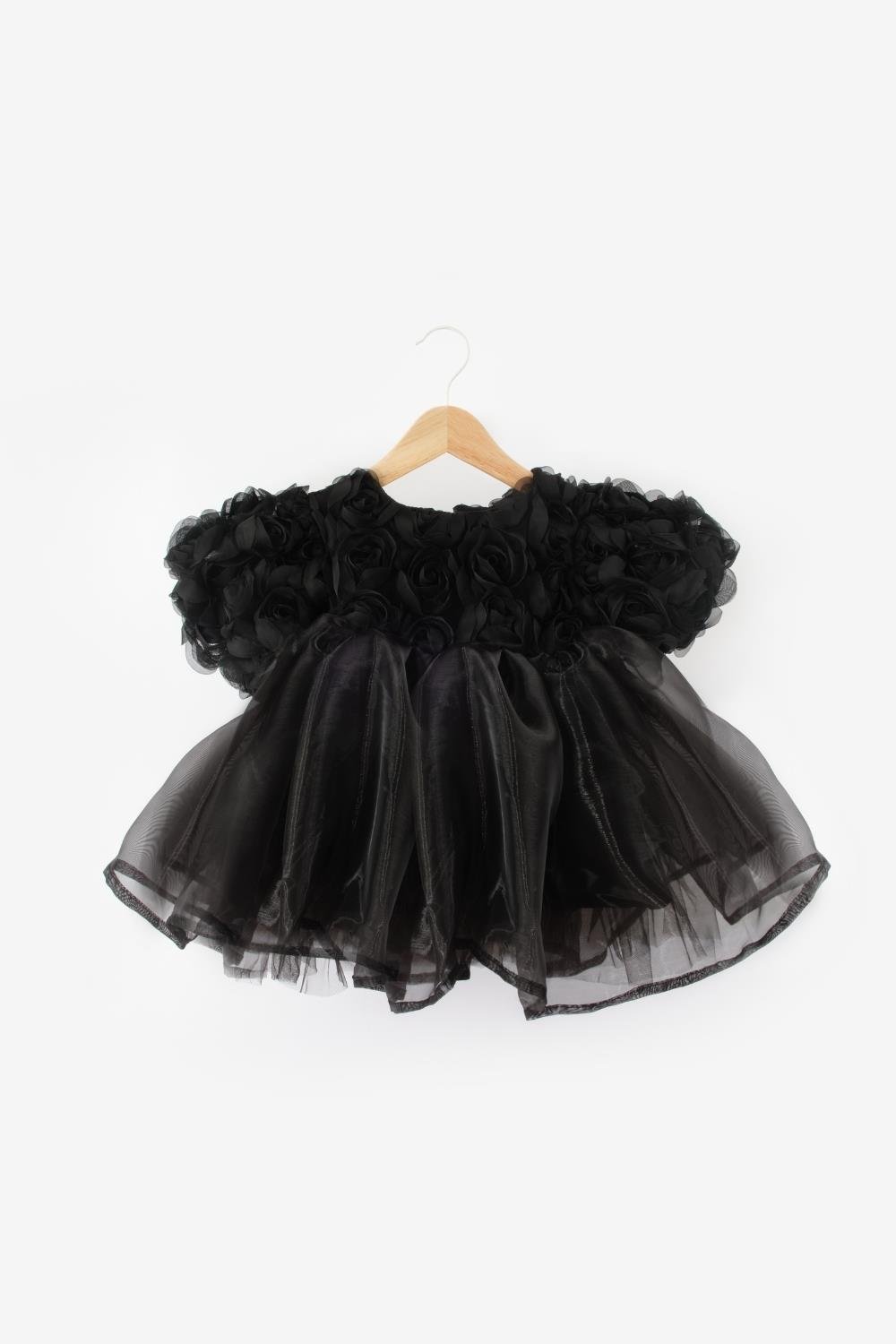 Black Rose Detailed Tulle Skirt Girls' Dress - Nelia