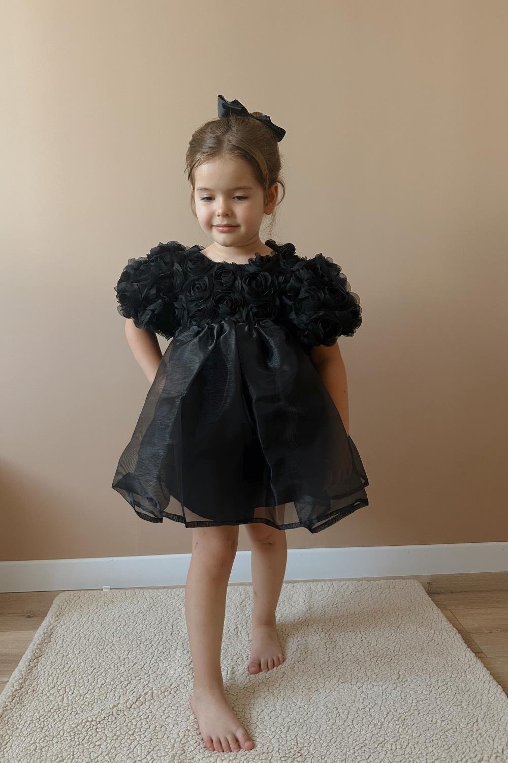 Black Rose Detailed Tulle Skirt Girls' Dress - Nelia