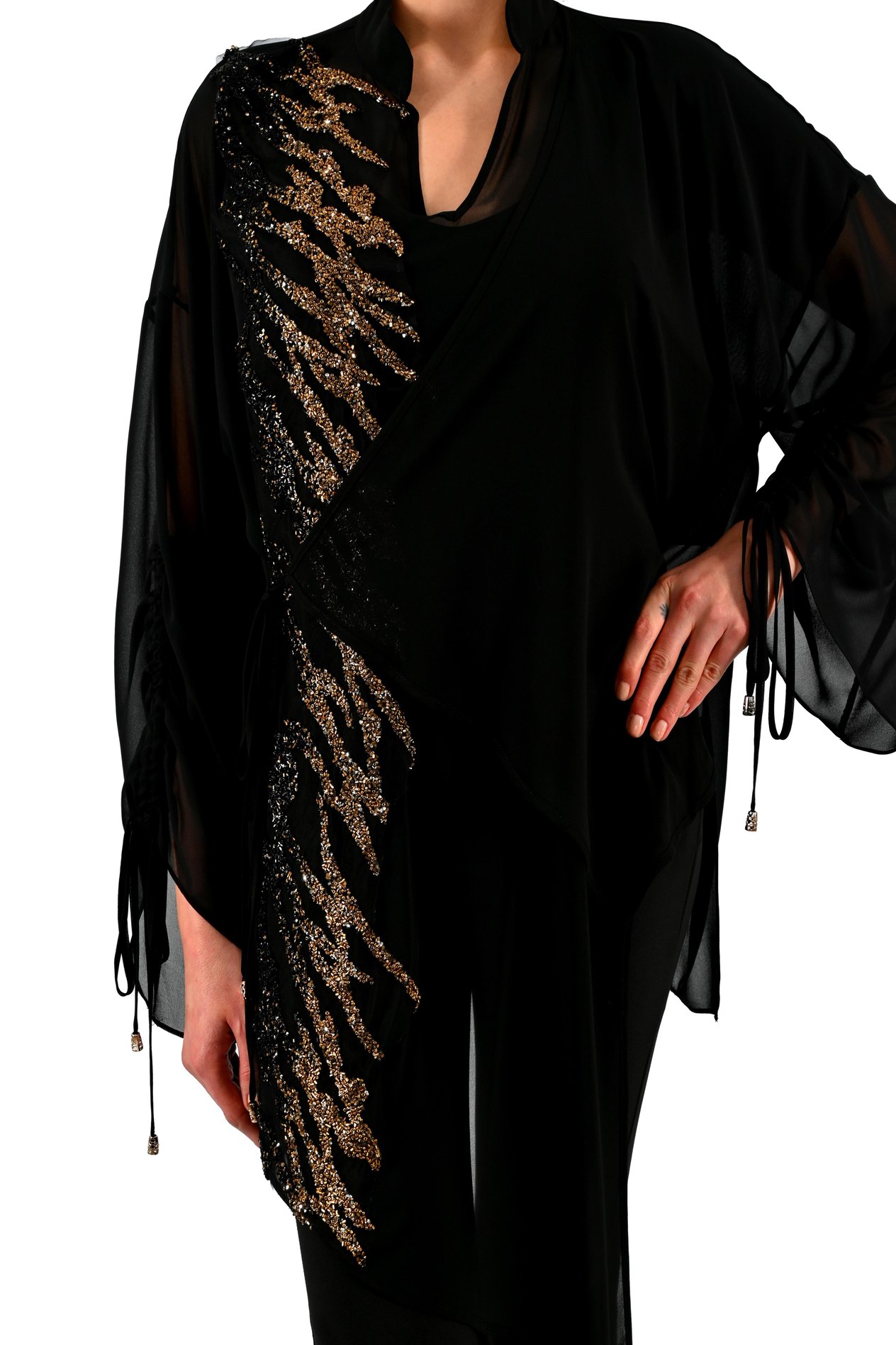 RENKLİ TAŞ İŞLEMELİ KADIN SİYAH OVERSIZE TUNİK