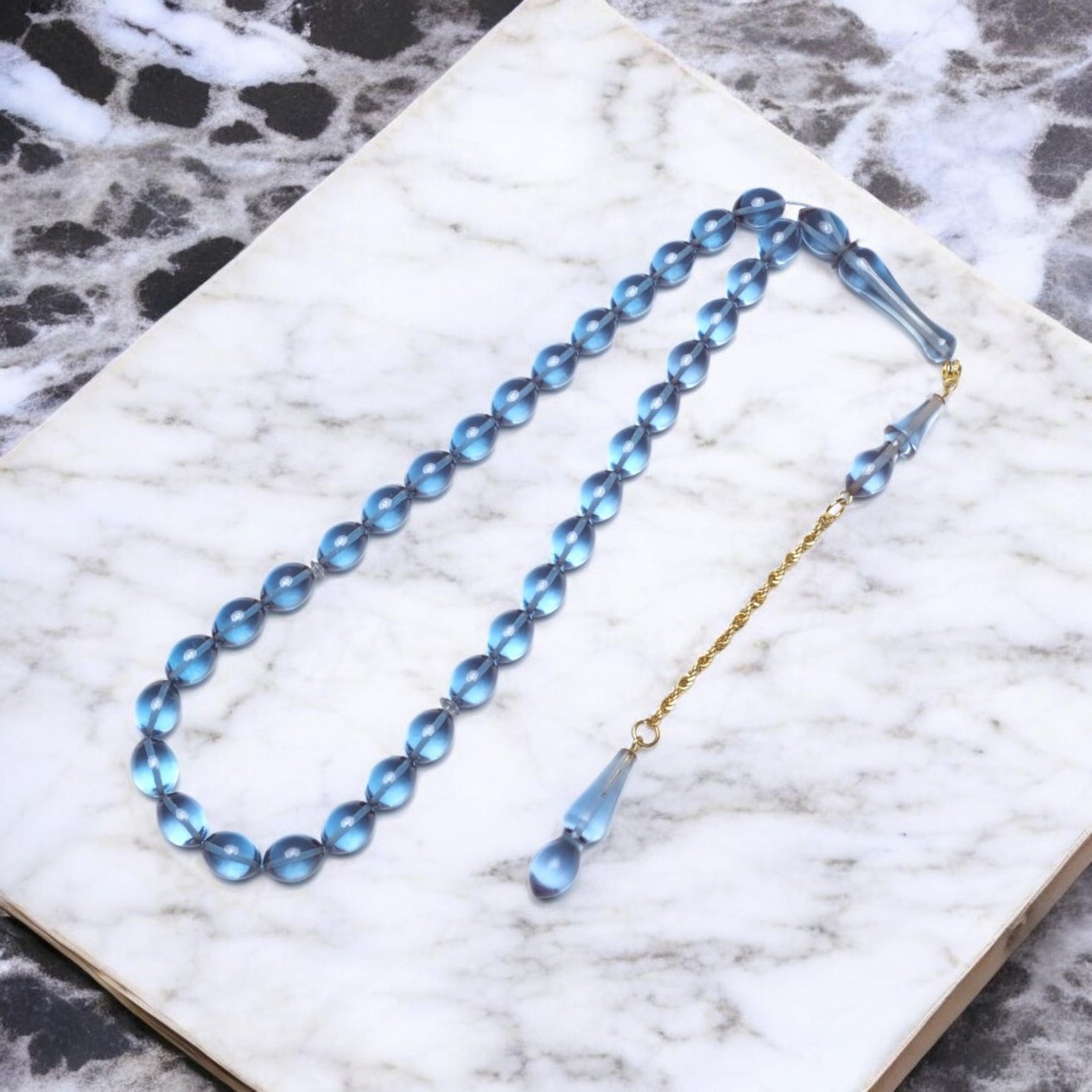 Arpa Kesim Mavi Ateş Kehribarı Tesbih (11x8 mm)