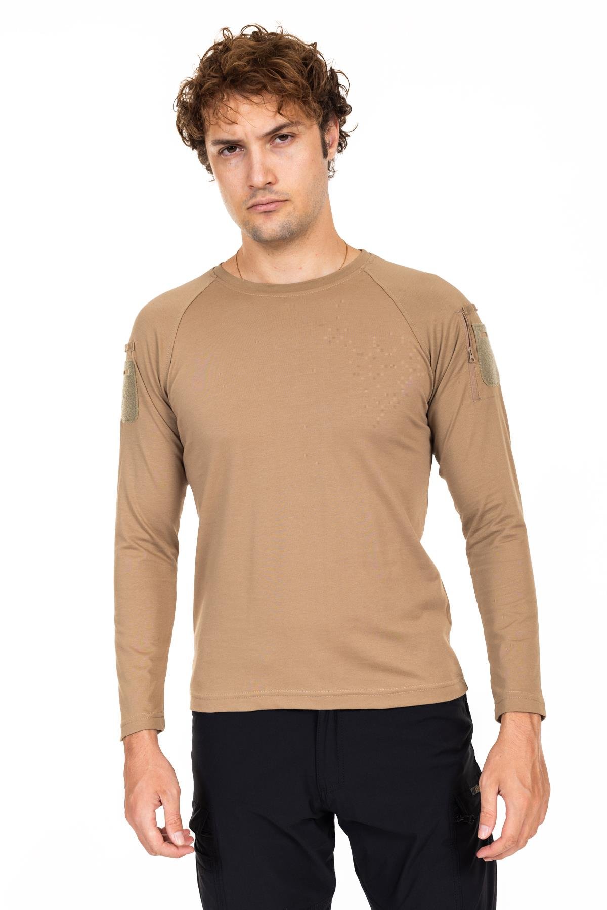 AKN BİSİKLET YAKA UZUN KOLLU TAKTİK T-SHIRT-BEJ
