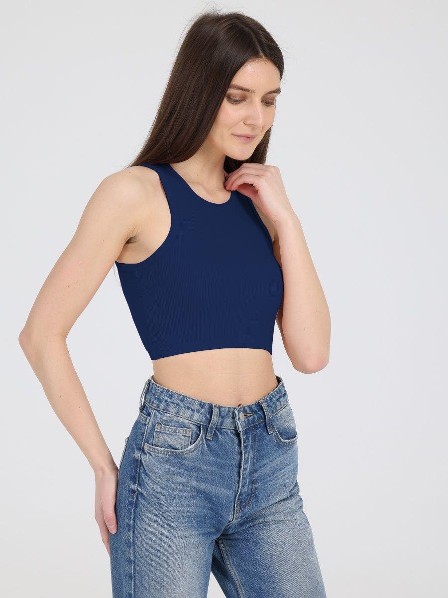 Murana Model Dikişsiz Toparlayıcı Büstiyer Crop Seamless Model Spor Crop Lacivert Renk