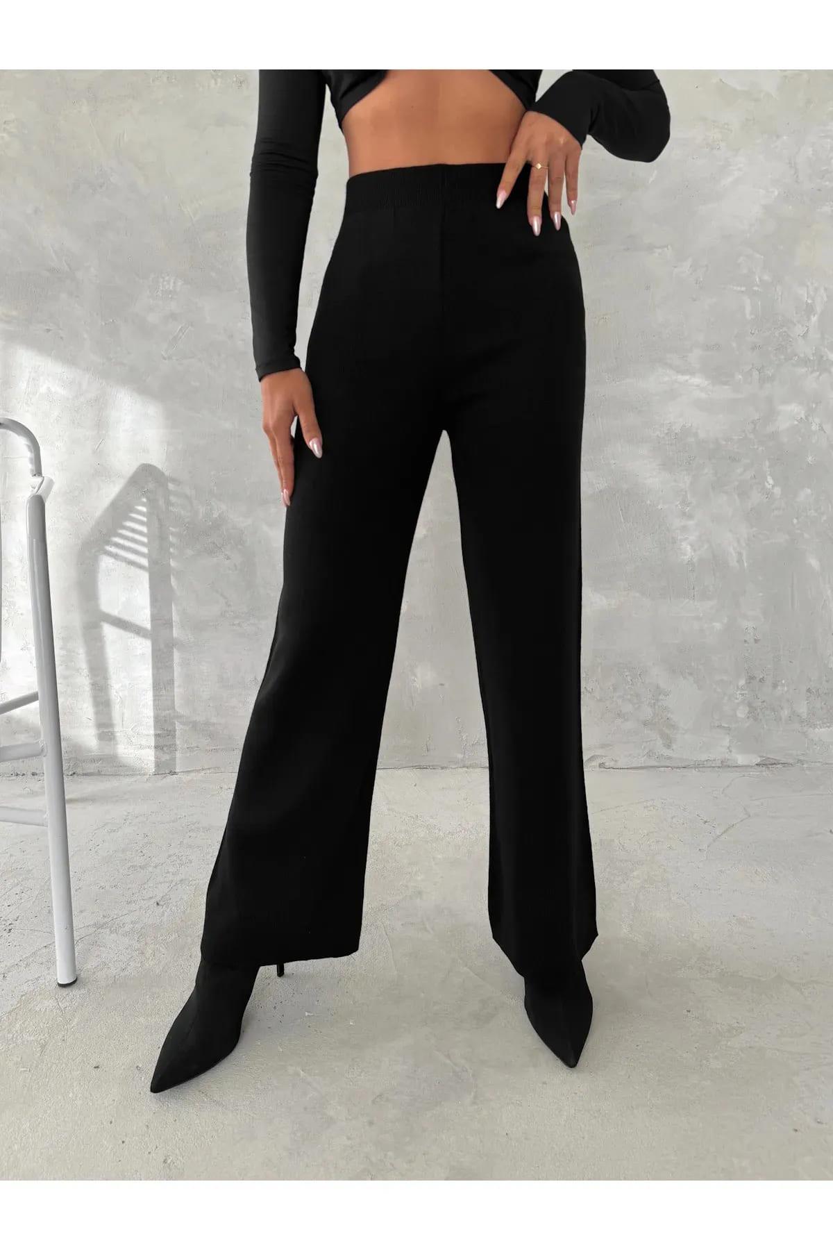 Kadın Rahat Kalıp Geniş Paça Comfort Beli Lastikli Siyah Triko Pantolon