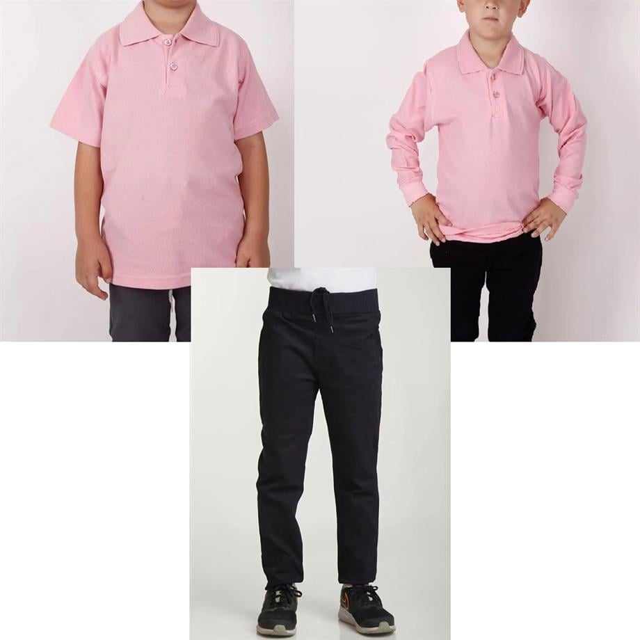Unisex çocuk okul ribana bel pantolon - pembe kısa kol uzun kol Polo yaka t-shirt 3lü takım