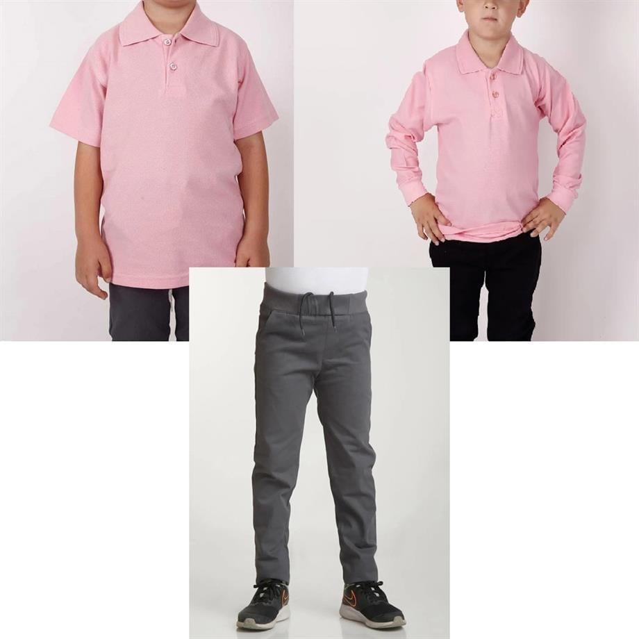 Unisex çocuk okul ribana bel pantolon - pembe kısa kol uzun kol Polo yaka t-shirt 3lü takım