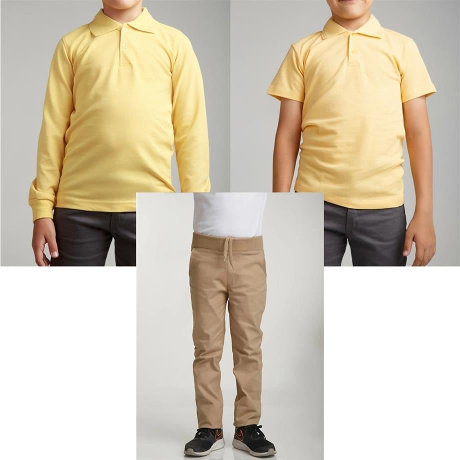 Unisex çocuk okul ribana bel pantolon - sarı kısa kol uzun kol Polo yaka t-shirt 3lü takım