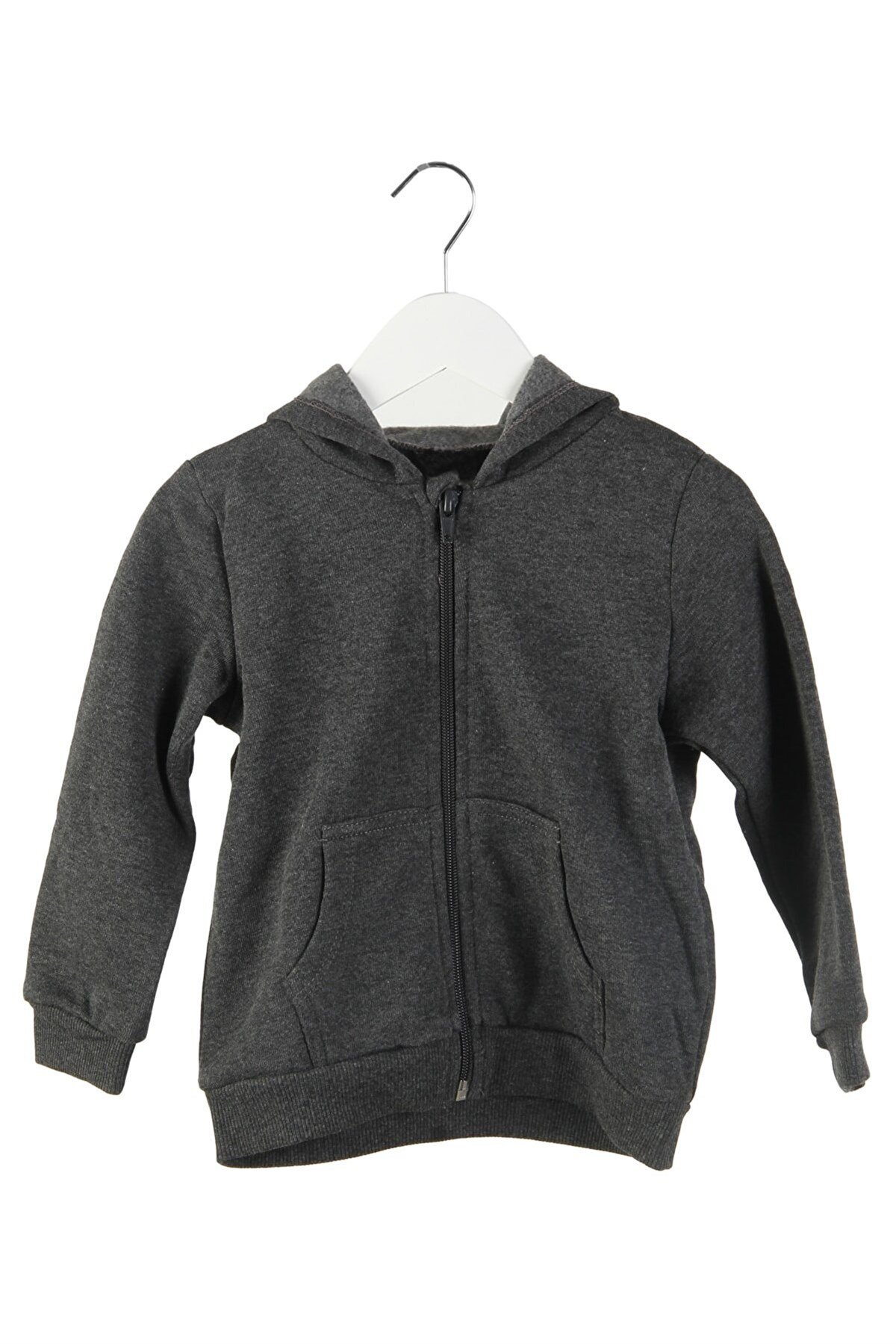 UNISEX ÇOCUK KAPÜŞONLU FERMUARLI ÜÇ İPLİK KIŞLIK  FÜME POLAR SWEATSHIRT HIRKA