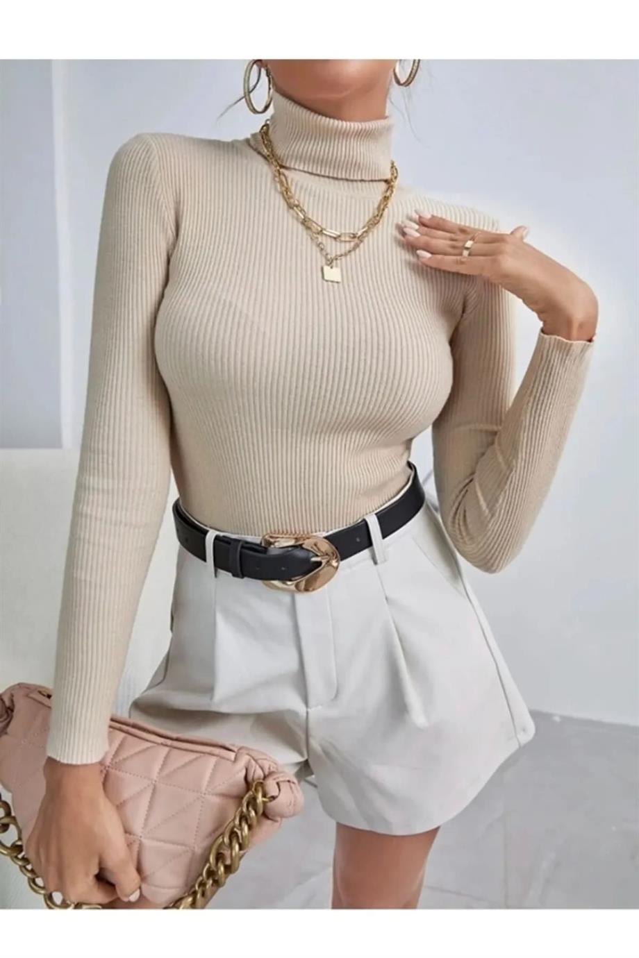 Unisex Taş Pamuklu Balıkçı Yaka Şardonlu Slimfit Boğazlı Kazak