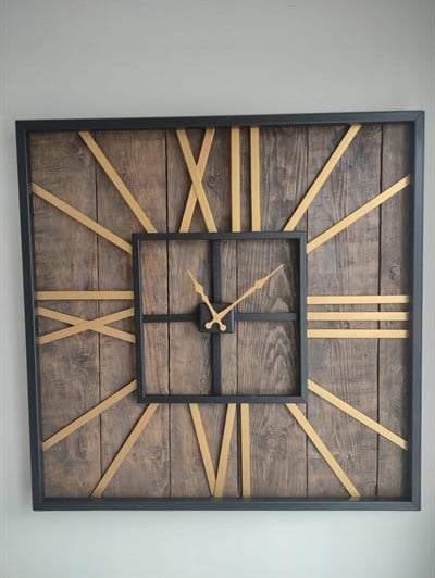 Ferforje Ahşap Dekorlu Siyah Gold  80*80 Cm Metal Duvar Saati