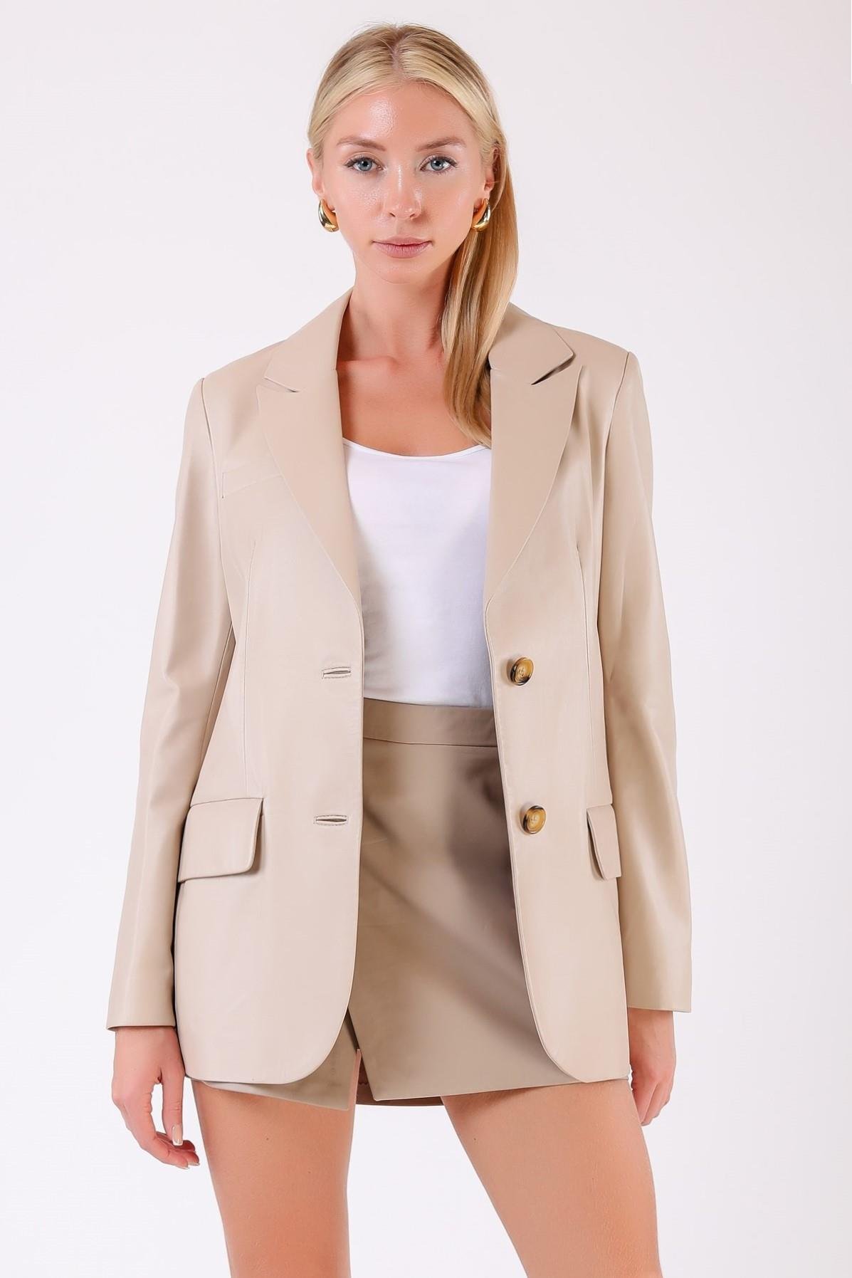 Bej Hakiki Deri Blazer CeketCeket