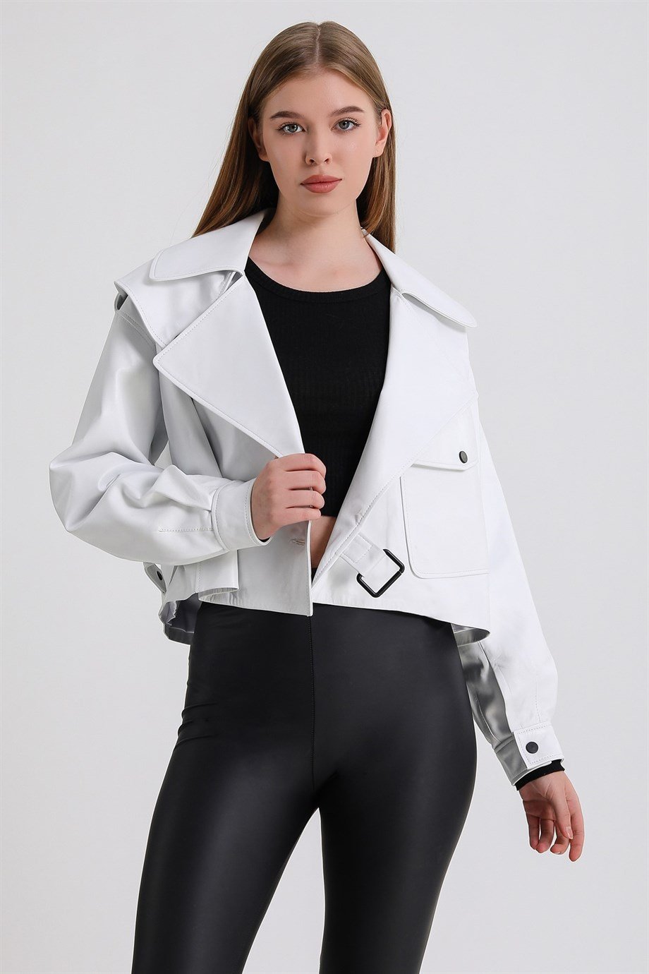 Beyaz Oversize Deri CeketCeket