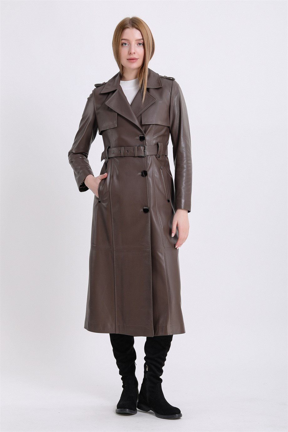 Kahve Trench Deri Kaban