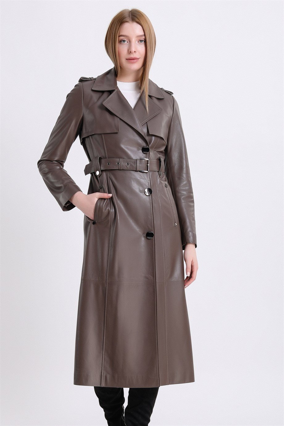 Kahve Trench Deri Kaban