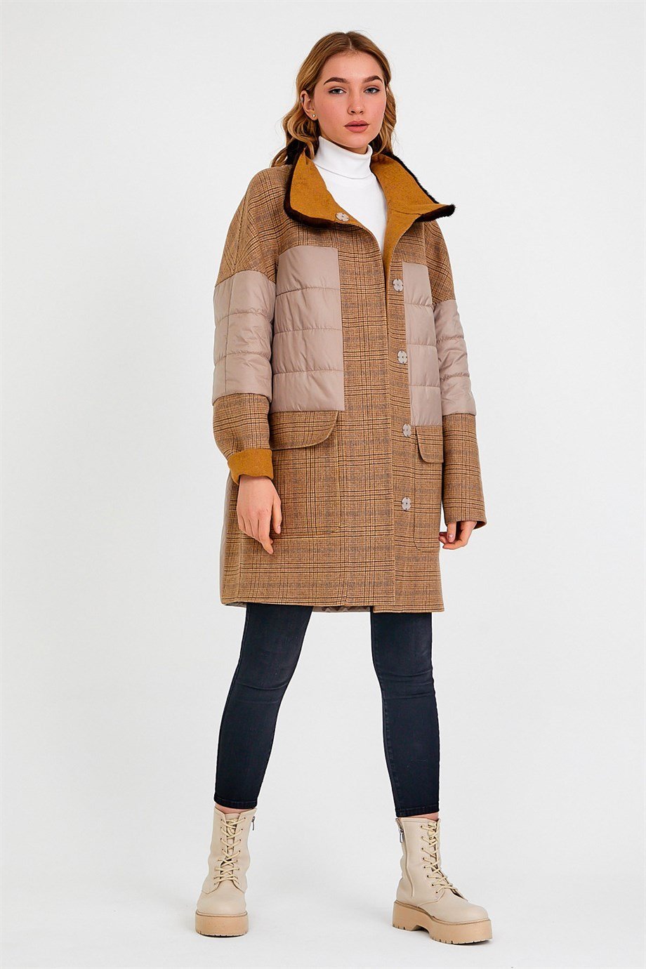 Brown Mink Fur Accessory Alpaca Coat