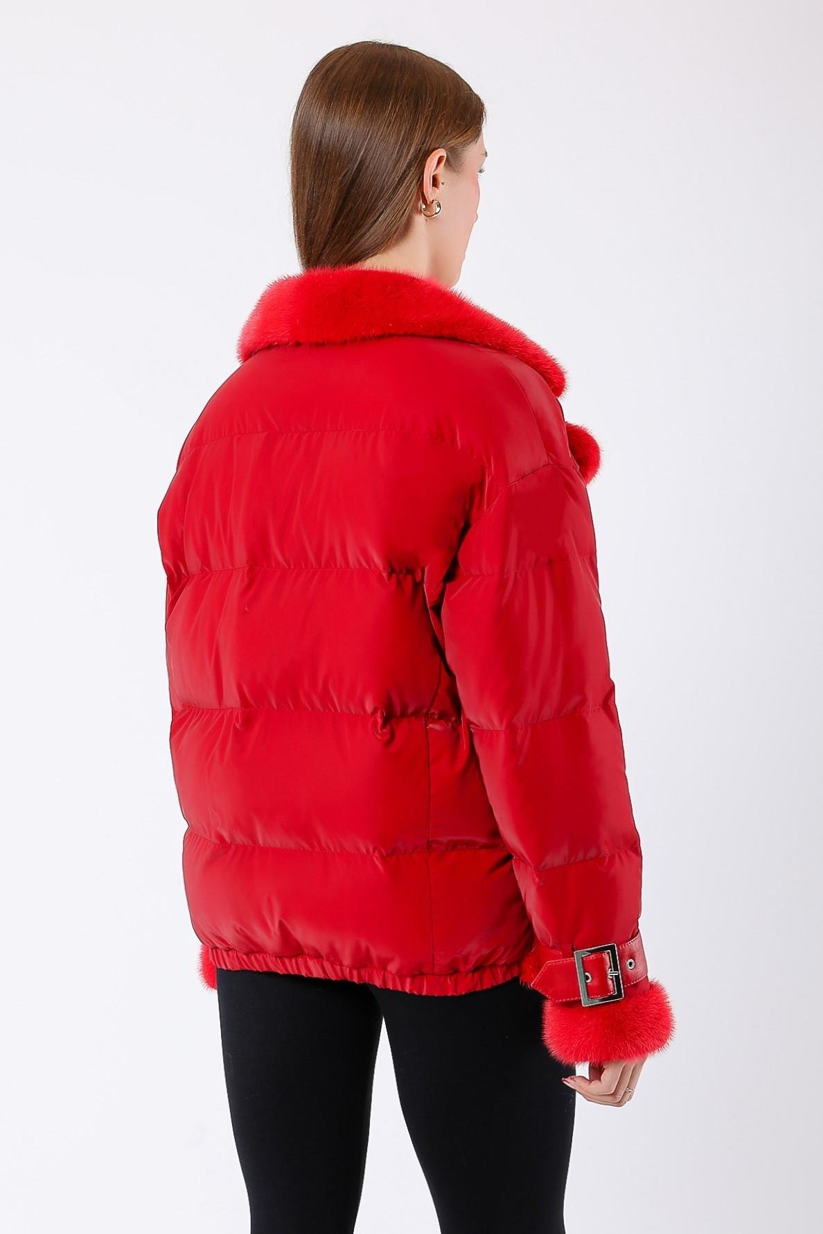 Kırmızı Mink Kürk Aksesuarlı Puffer MontMont