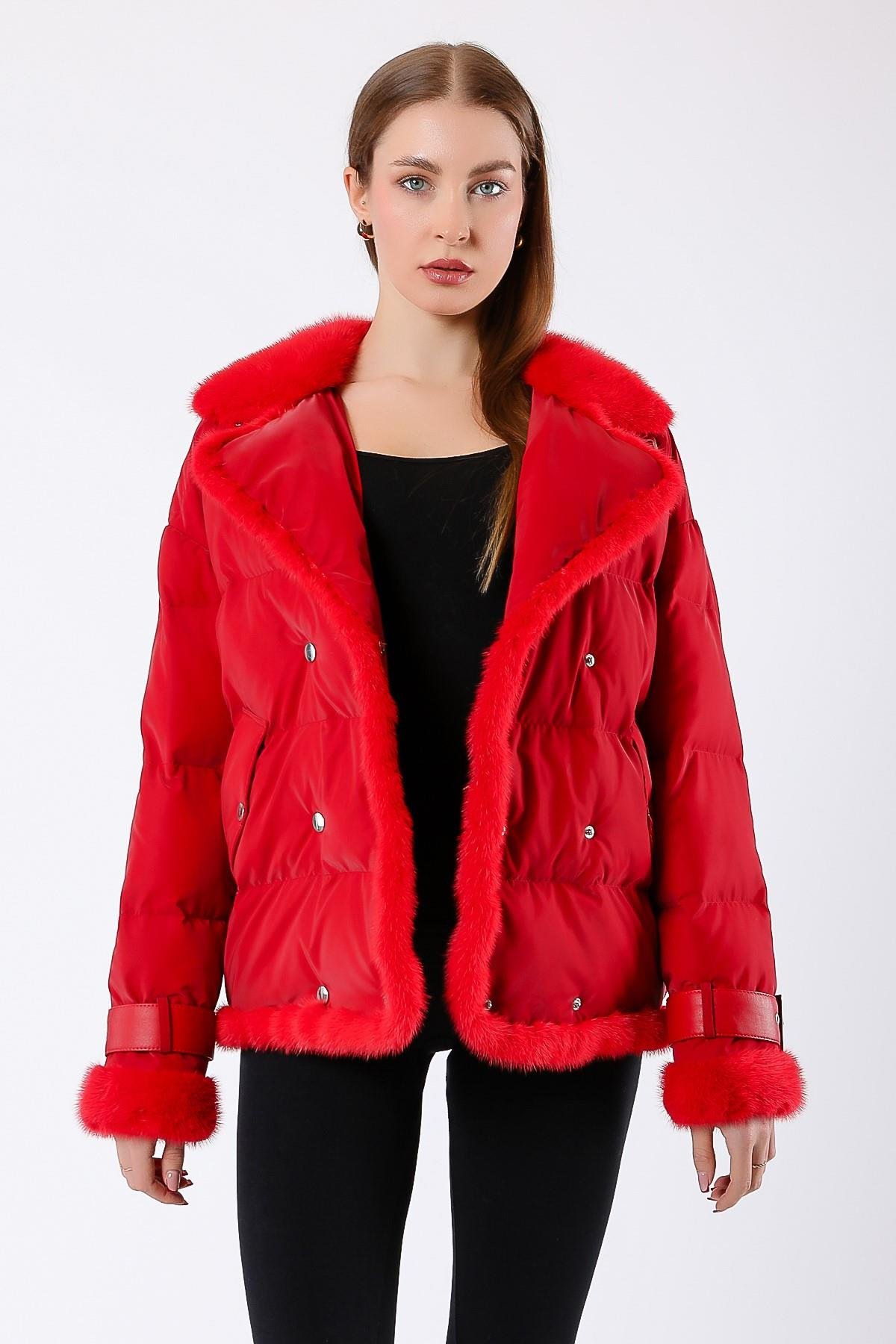 Kırmızı Mink Kürk Aksesuarlı Puffer MontMont