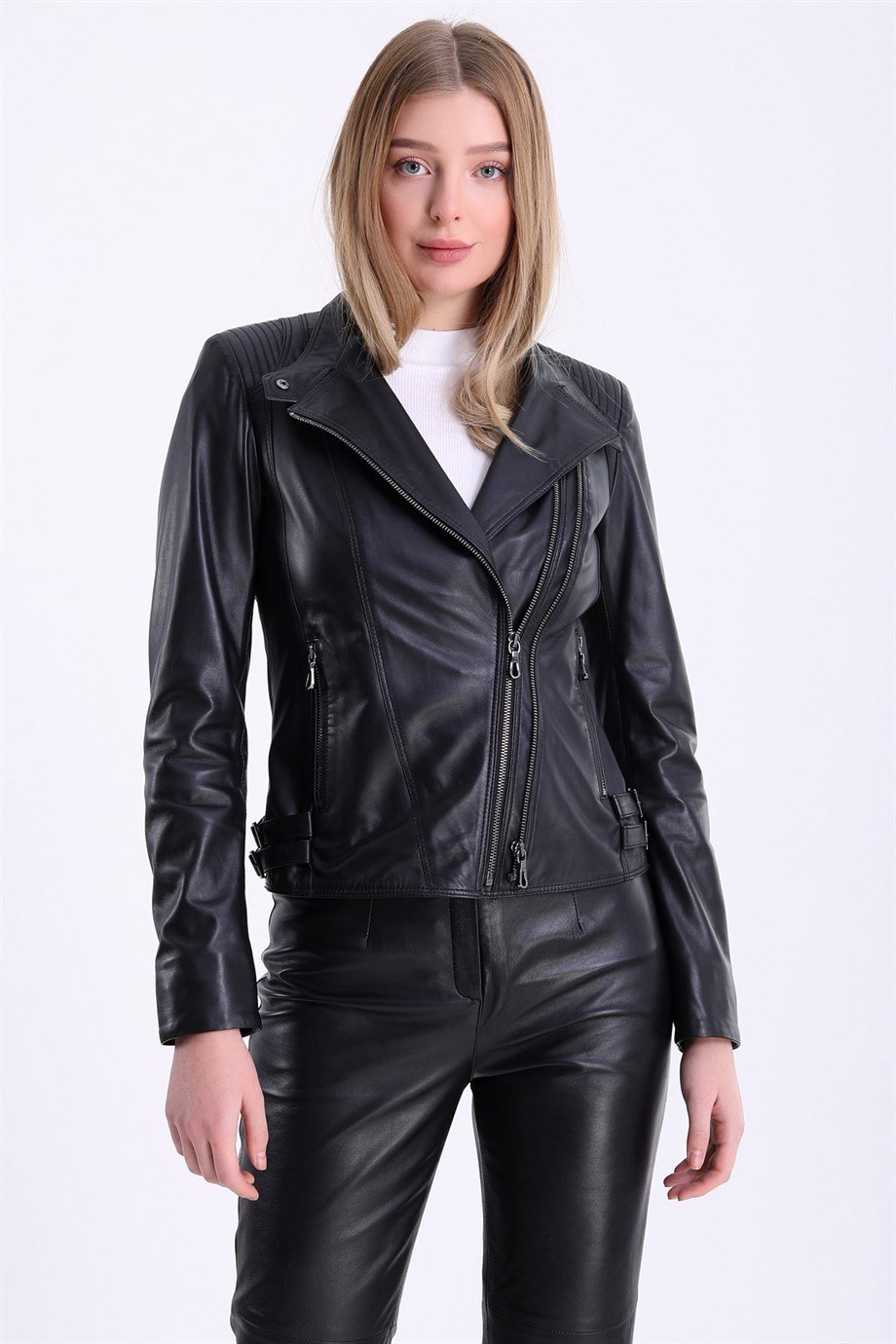 Black Fitted Double-breasted Leather Jacket